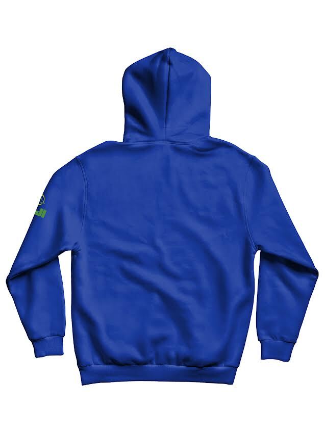A Pedro Sauer Jiu Jitsu Brazil 1975 Hoodie in royal blue, shown from the back, featuring a small green graphic and text on the right sleeve.