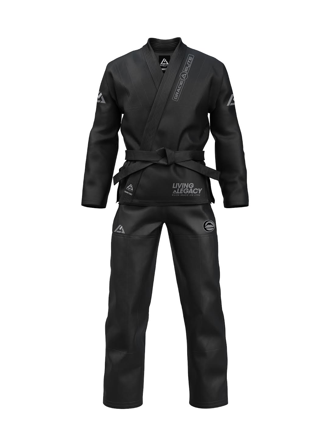 The Rilion Gracie Suparaito BJJ Gi Black includes a jacket, pants, black belt, and features white embroidered logos and text, all displayed against a white background.