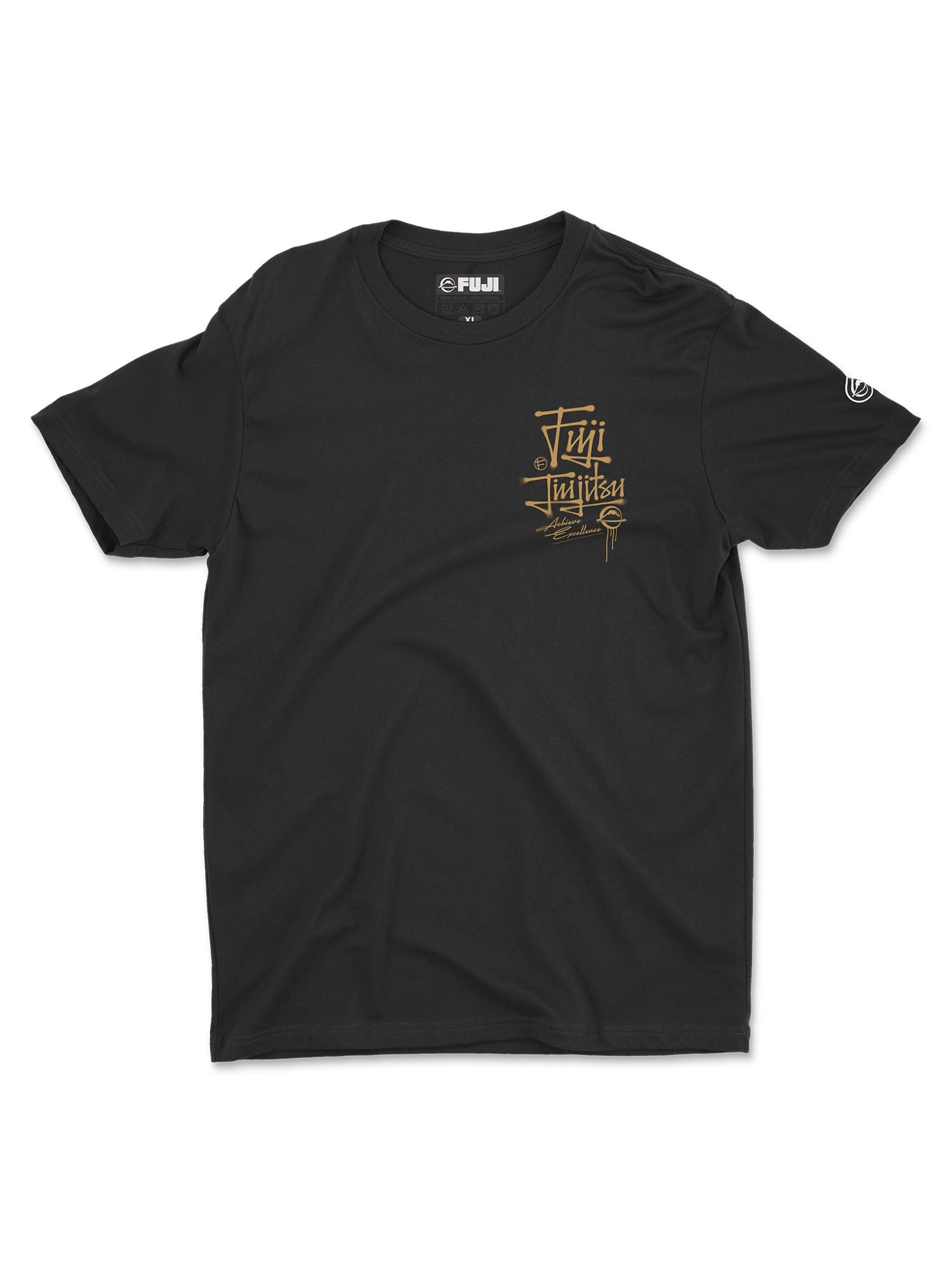 The Japanese Street Art Shirt Black is a short-sleeve tee featuring gold stylized “Fuji” and “Limited” text with graphics on the left chest, plus a small circular logo on the left sleeve.