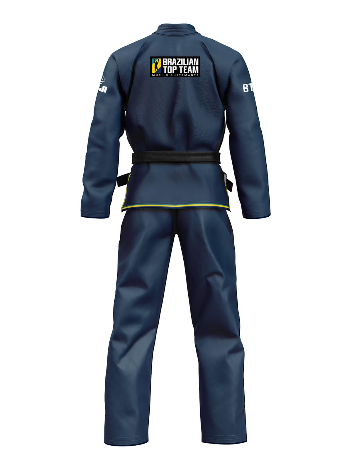 A BTT Suparaito BJJ Gi Navy with a black belt, featuring the Brazilian Top Team logo on the back.