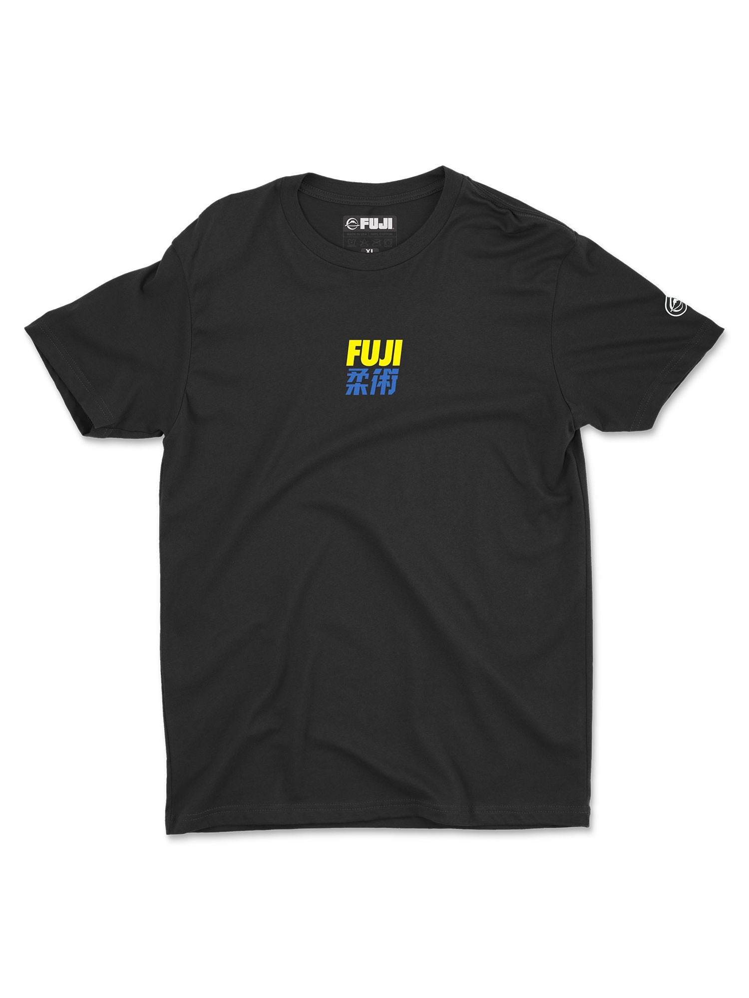 The Bold Jiu Jitsu Shirt Black is a short-sleeve tee featuring "FUJI" in bold yellow and blue above Japanese characters on the chest, plus a small white logo on the left sleeve.