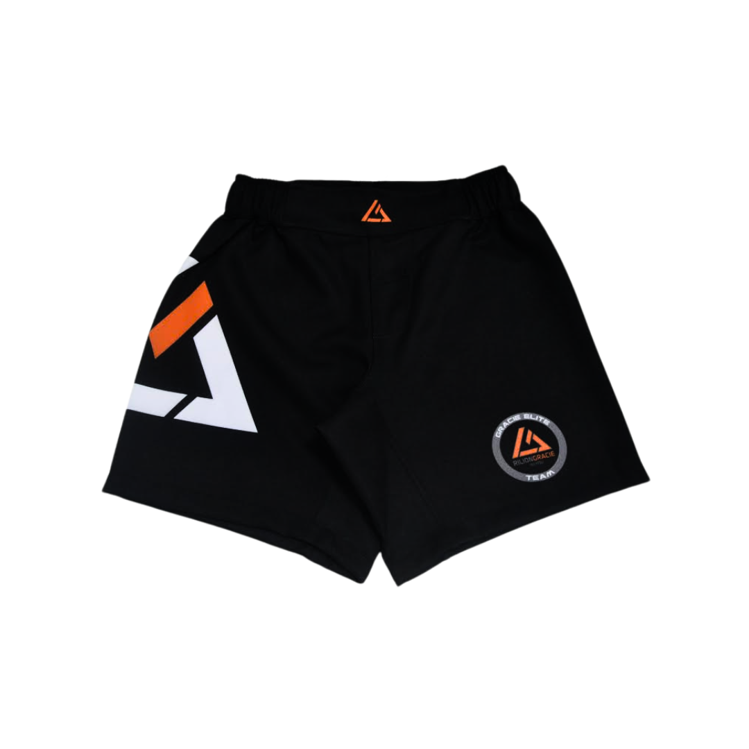 Rilion Gracie Black Comp Team Shorts with a bold geometric white and orange design on one leg and a circular patch displaying an orange triangle and Team text on the other leg.