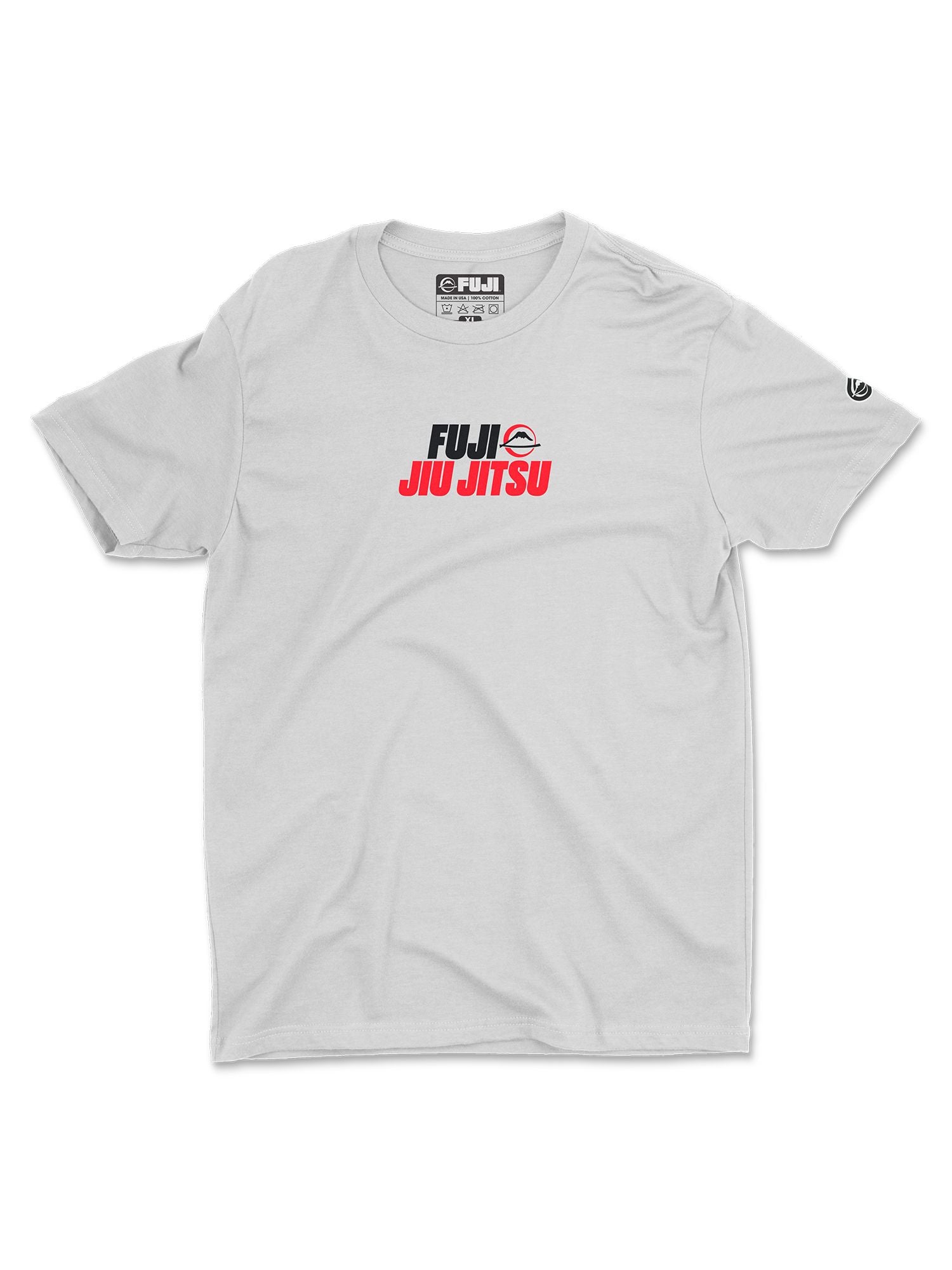 The Jiu Jitsu Supply Shirt Heather White features short sleeves, a round neckline, FUJI JIU JITSU in black and red on the front, and a small mountain logo above the text.