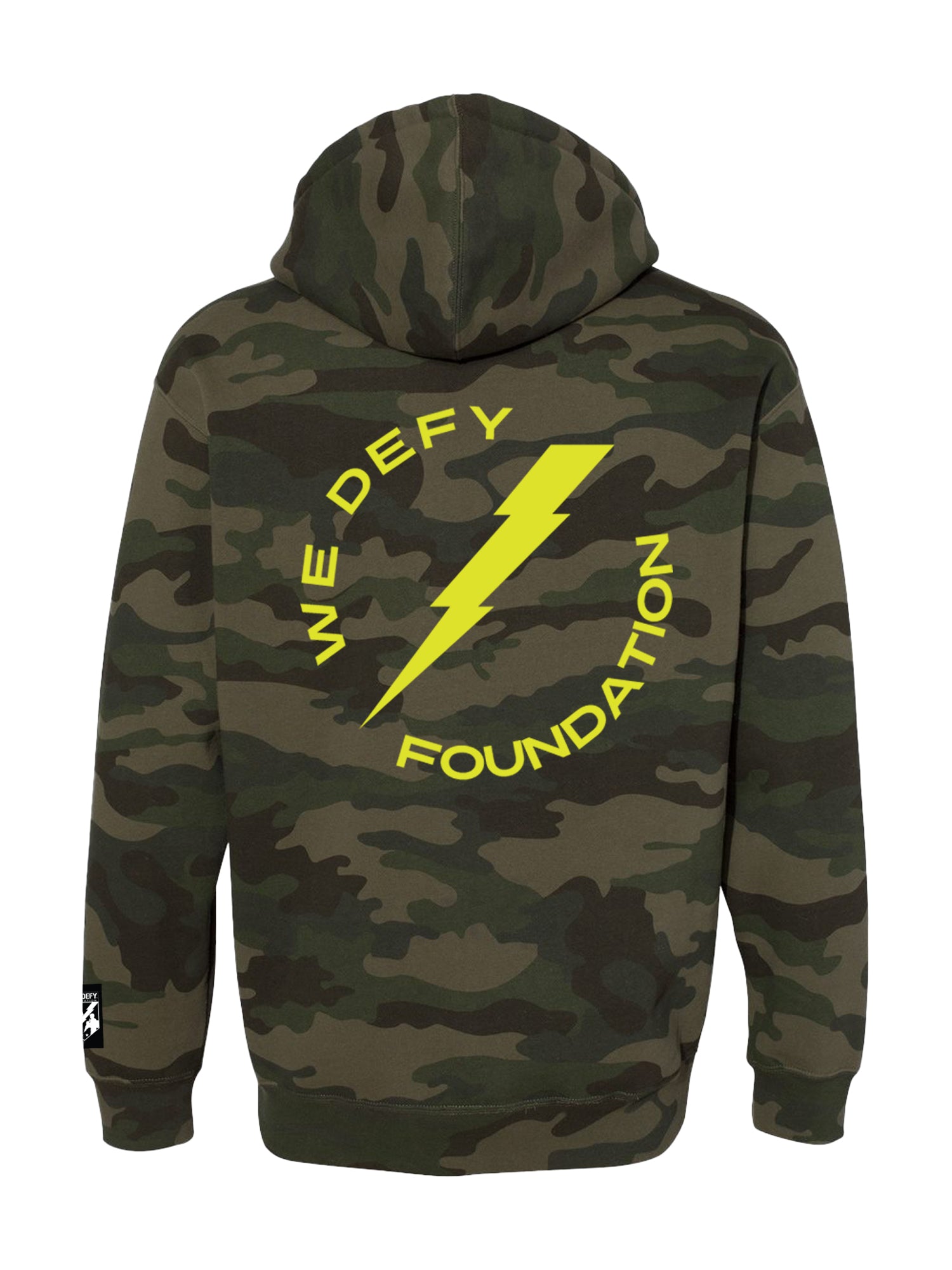 The We Defy Neon Camo Hoodie Green features a green and brown camouflage pattern, a hood, and a large yellow lightning bolt with "WE DEFY FOUNDATION" encircling it on the back.