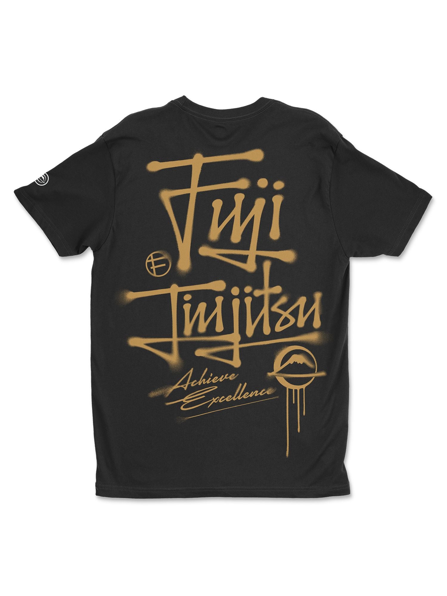 The Japanese Street Art Shirt Black features gold graffiti-style text saying "Fuji Jiu Jitsu" and "Achieve Excellence" with circular graphics on the back.