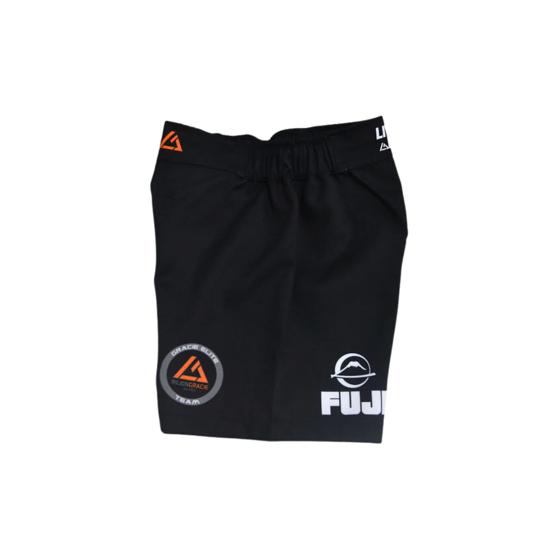 Rilion Gracie Black Comp Team Shorts with an elastic waistband and two logos: a circular Gracie Barra logo on the left leg and a Fuji logo on the right, displayed flat on a white background.
