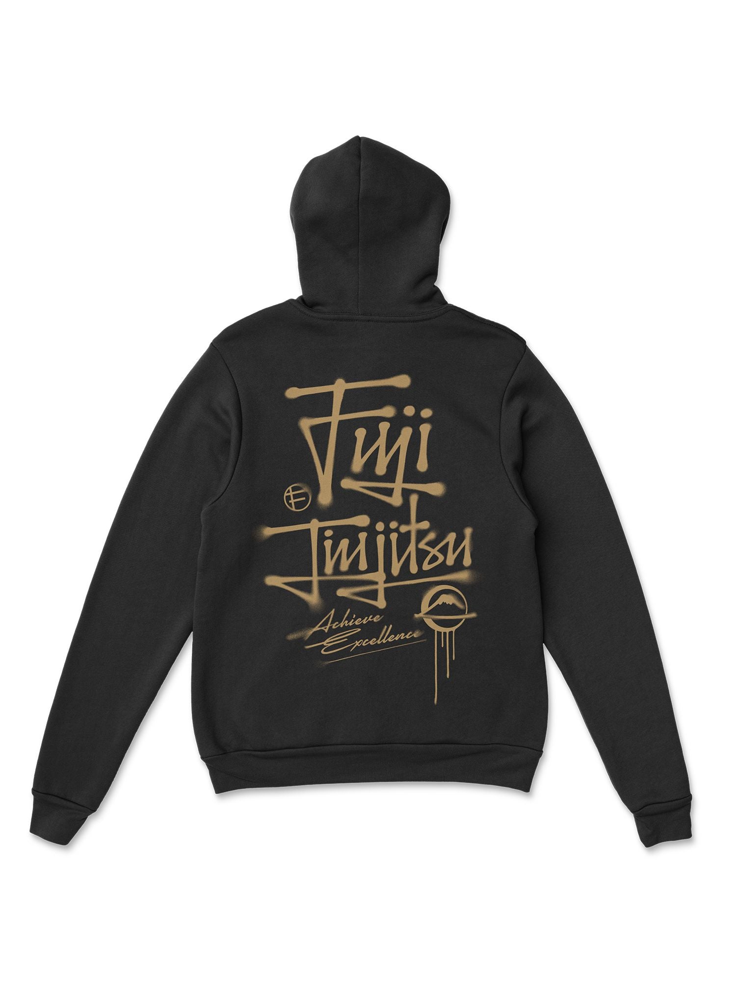 The Japanese Street Art Hoodie Black features a gold graphic on the back with stylized Fuji Jiu Jitsu and Achieve Excellence text, plus unique decorative symbols.