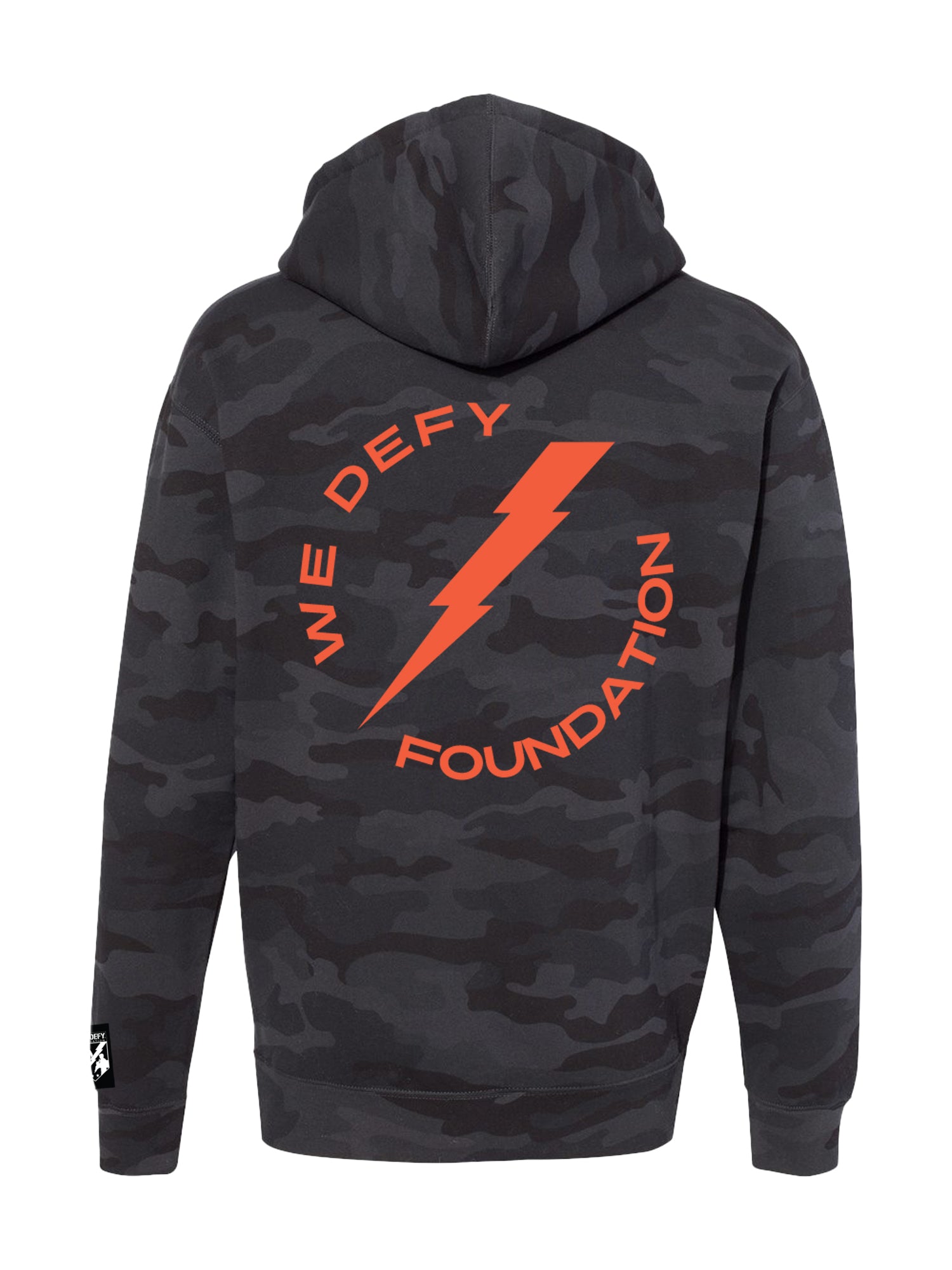 The We Defy Neon Camo Hoodie Black features a black and grey camo design, an orange lightning bolt with “WE DEFY FOUNDATION” in a circle on the back, and a small white logo on the left sleeve cuff.