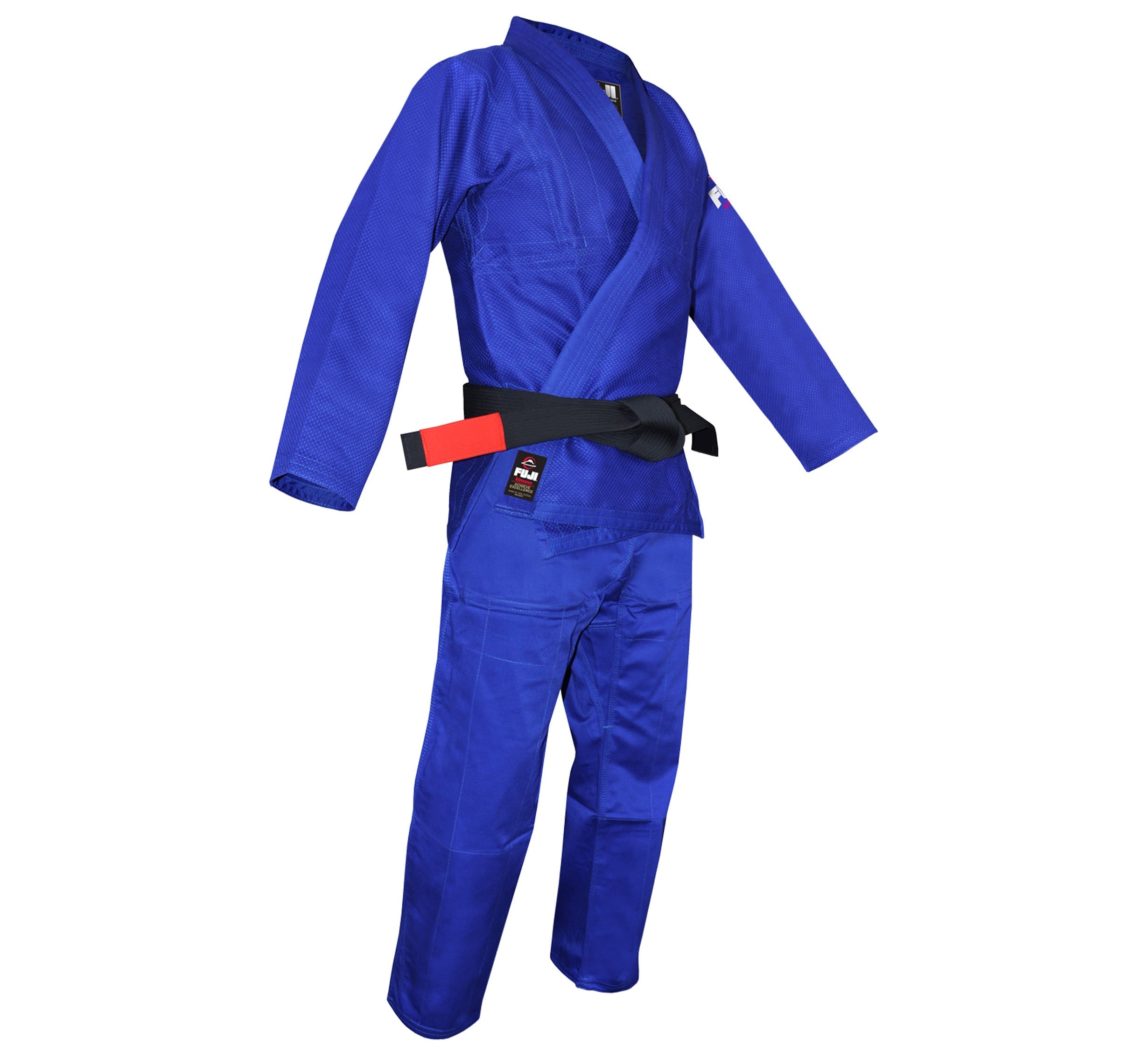 The All Around BJJ Gi Blue, paired with a black belt and displayed on a headless mannequin, highlights its stitching and design details against a white background.