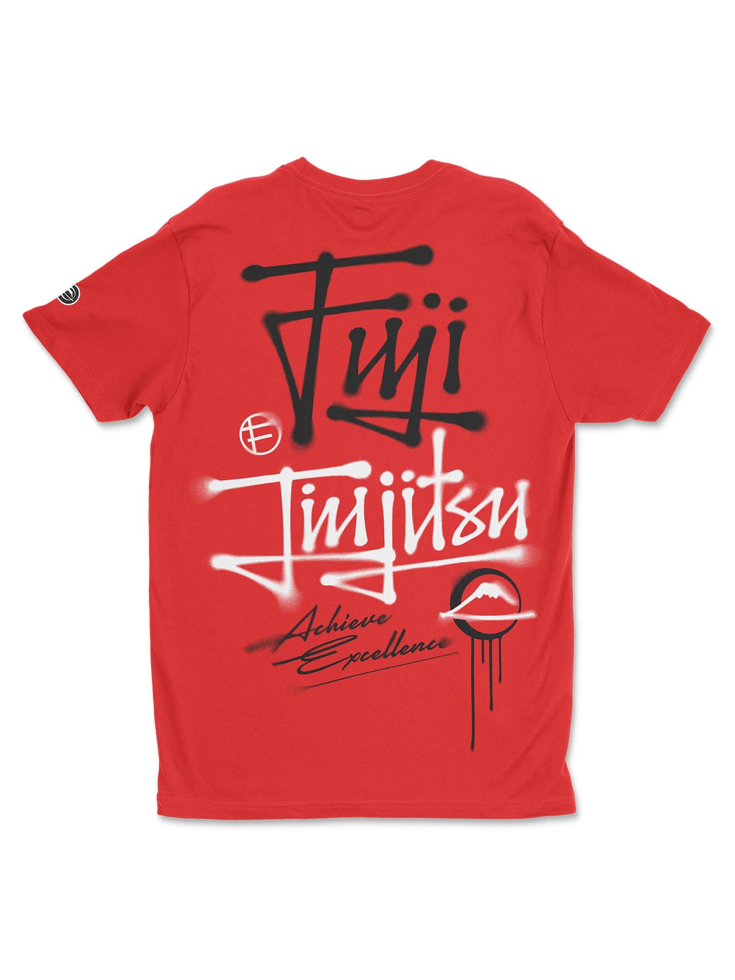 The Japanese Street Art Shirt Red features black and white graffiti-style text reading "Fuji Jiu Jitsu" and "Achieve Excellence," plus a small mountain graphic and circular logo on the back.