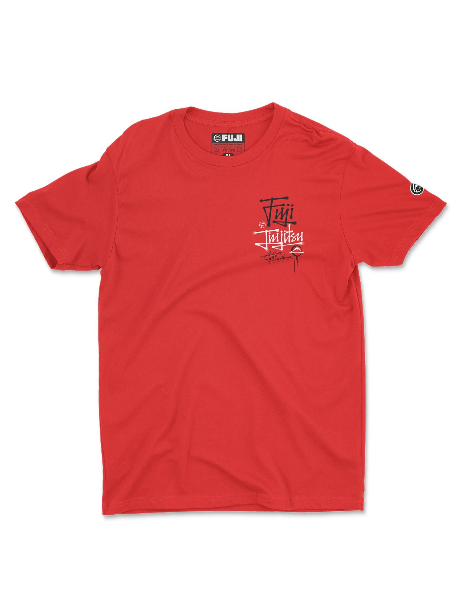 The Japanese Street Art Shirt Red features short sleeves and a small, stylized black-and-white Fuji Jiu Jitsu logo on the left chest, plus a circular black logo on the left sleeve.