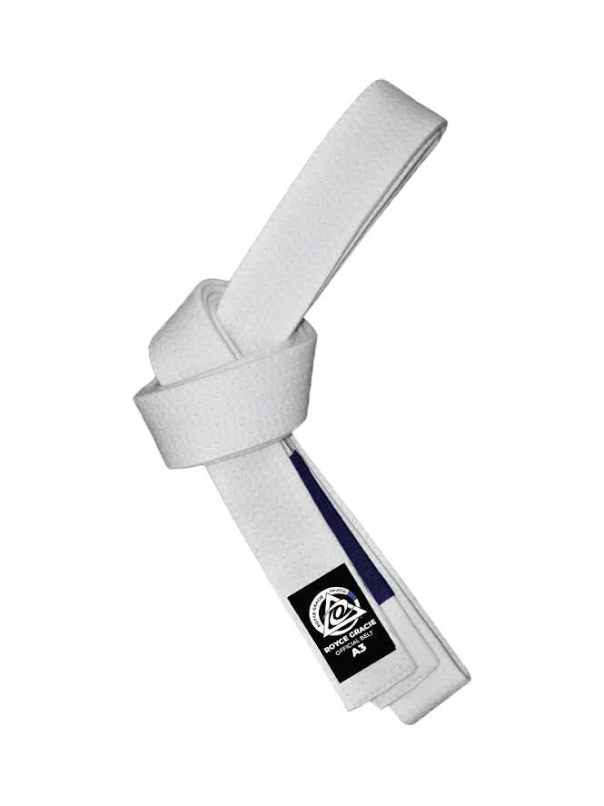 The Royce Gracie OFFICIAL White BJJ Belt with Blue Bar, featuring a sewn-on blue bar patch and knotted in the middle, is isolated on a white background.