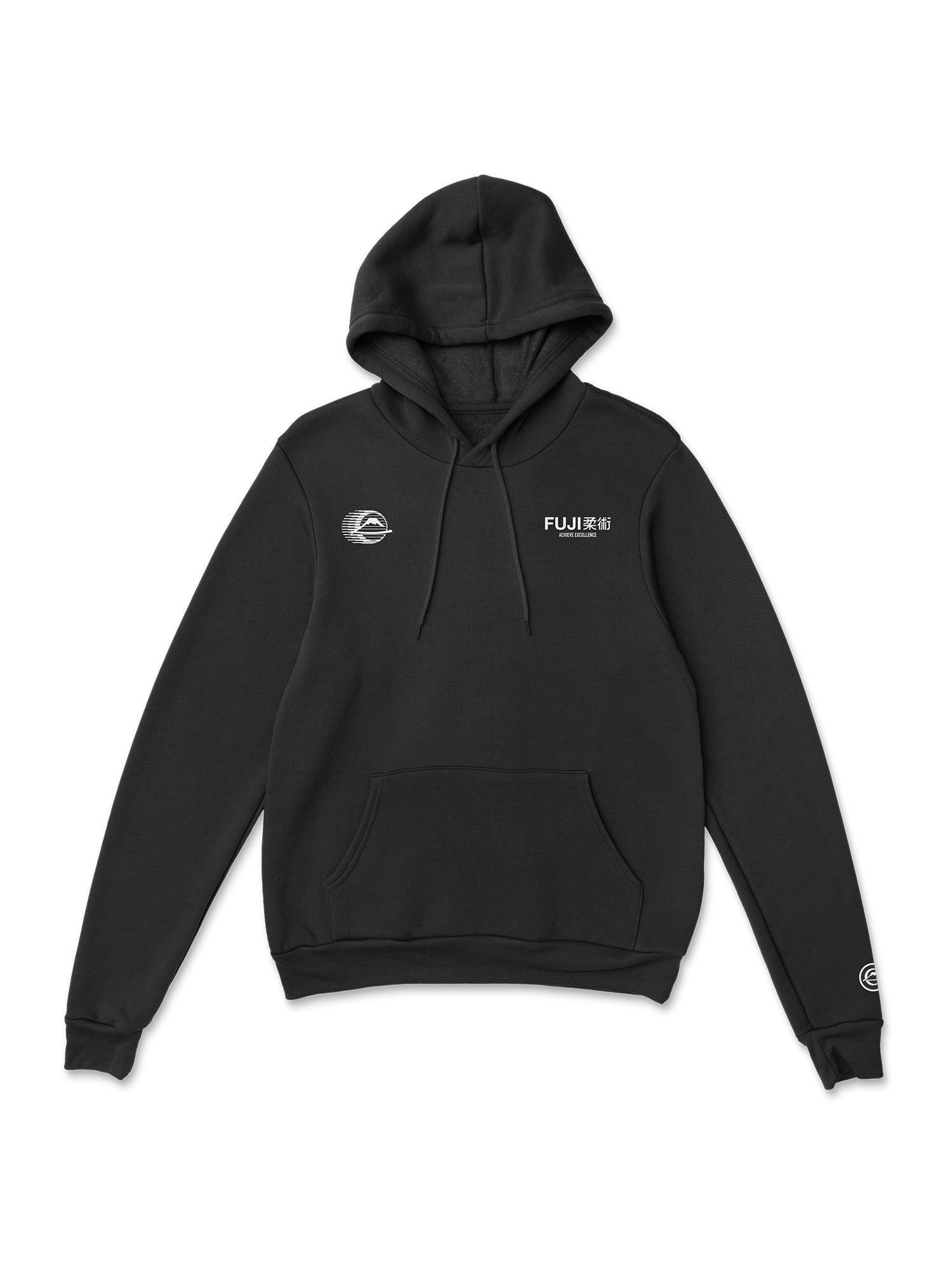 The Iconic Jiu Jitsu Hoodie Black is a black hoodie with a front pocket, small white wave logo on the left chest, FUJI and Japanese text on the right chest, and a small sleeve logo.