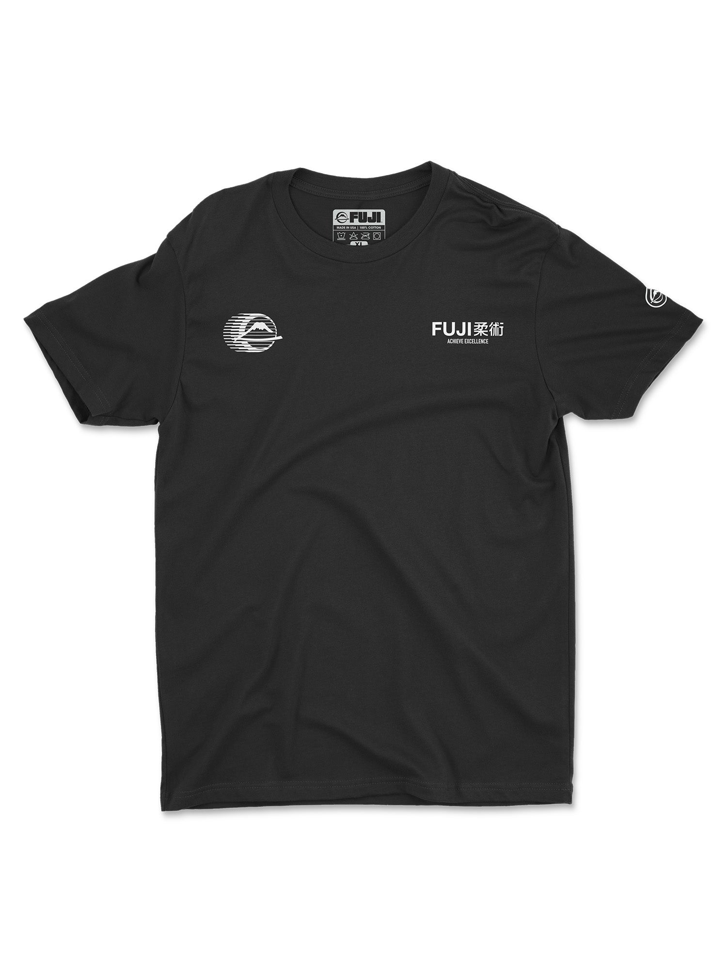 The Iconic Jiu Jitsu Shirt Black is a short-sleeve tee featuring white printed designs on the front left chest, including a stylized mountain logo, FUJI text with Japanese characters, and smaller text below.