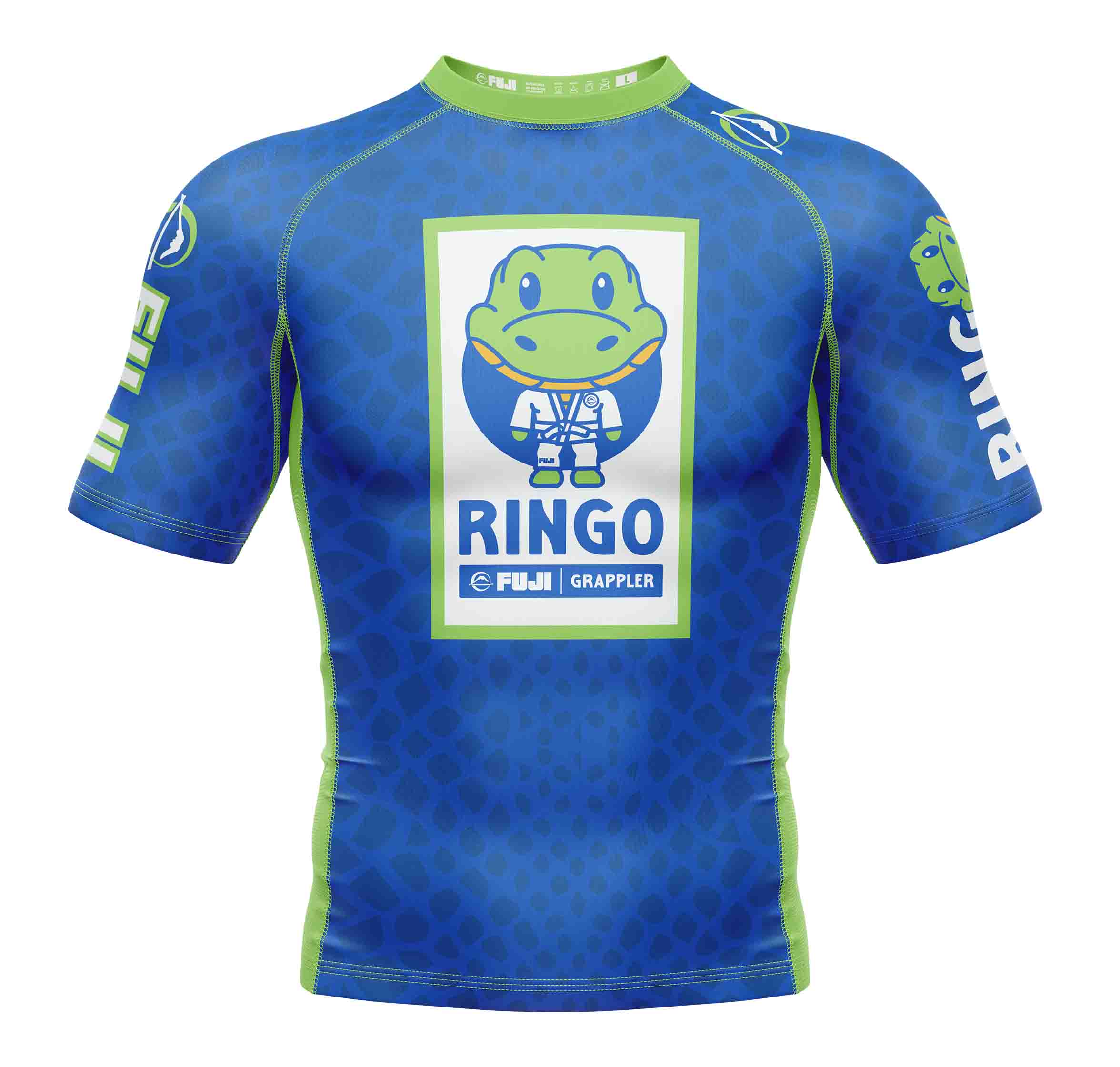 The Ringo Rashguard Blue/Green is a short-sleeve top featuring a cartoon frog in a jiu-jitsu gi on the chest, with "RINGO" and "FUJI Grappler" below, subtle patterns, and FUJI branding on the sleeves.