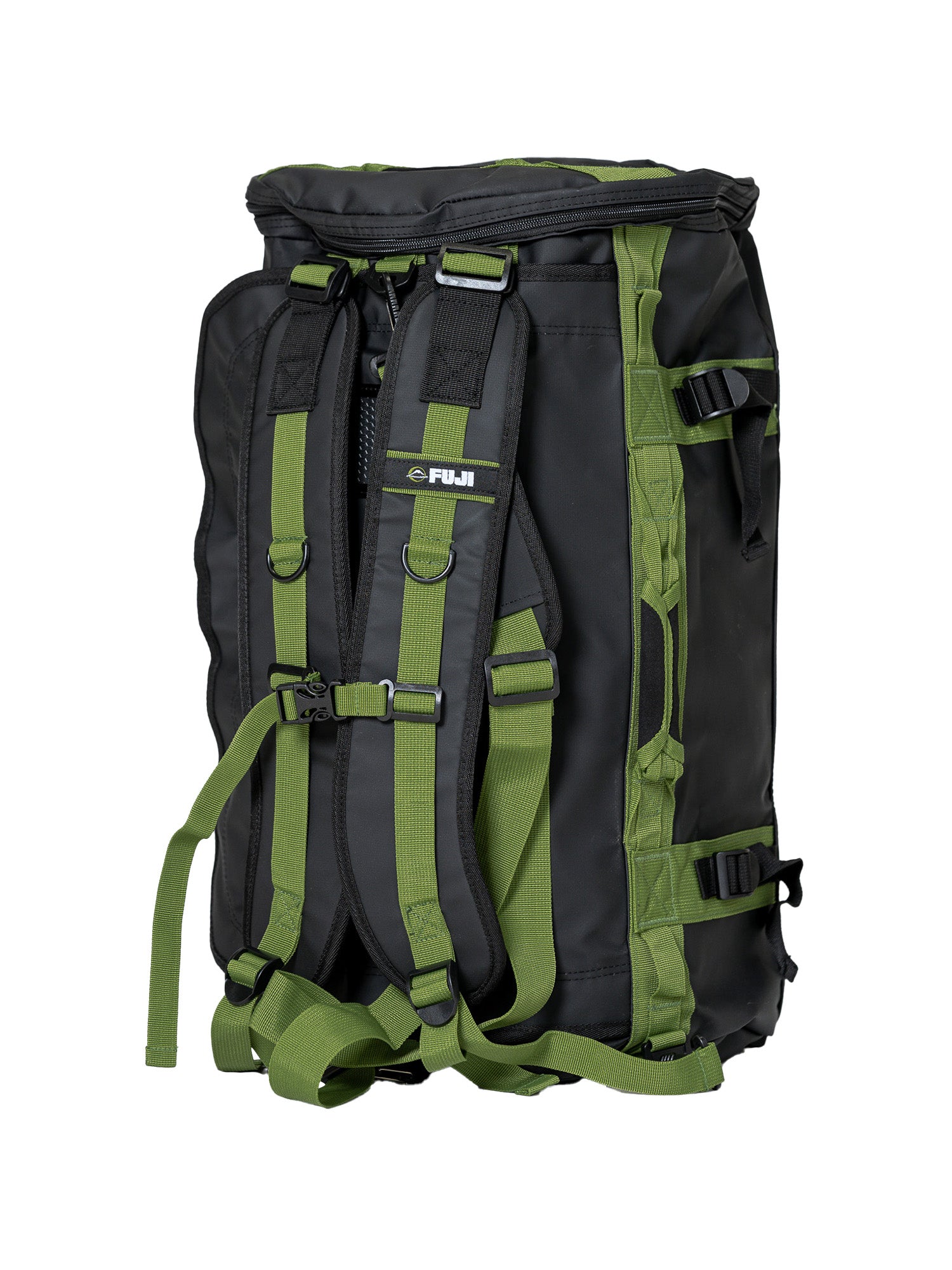 The Comp Duffle Black Green is a black and green hiking backpack with multiple adjustable straps, padded shoulder supports, and a top handle, displayed against a plain white background.