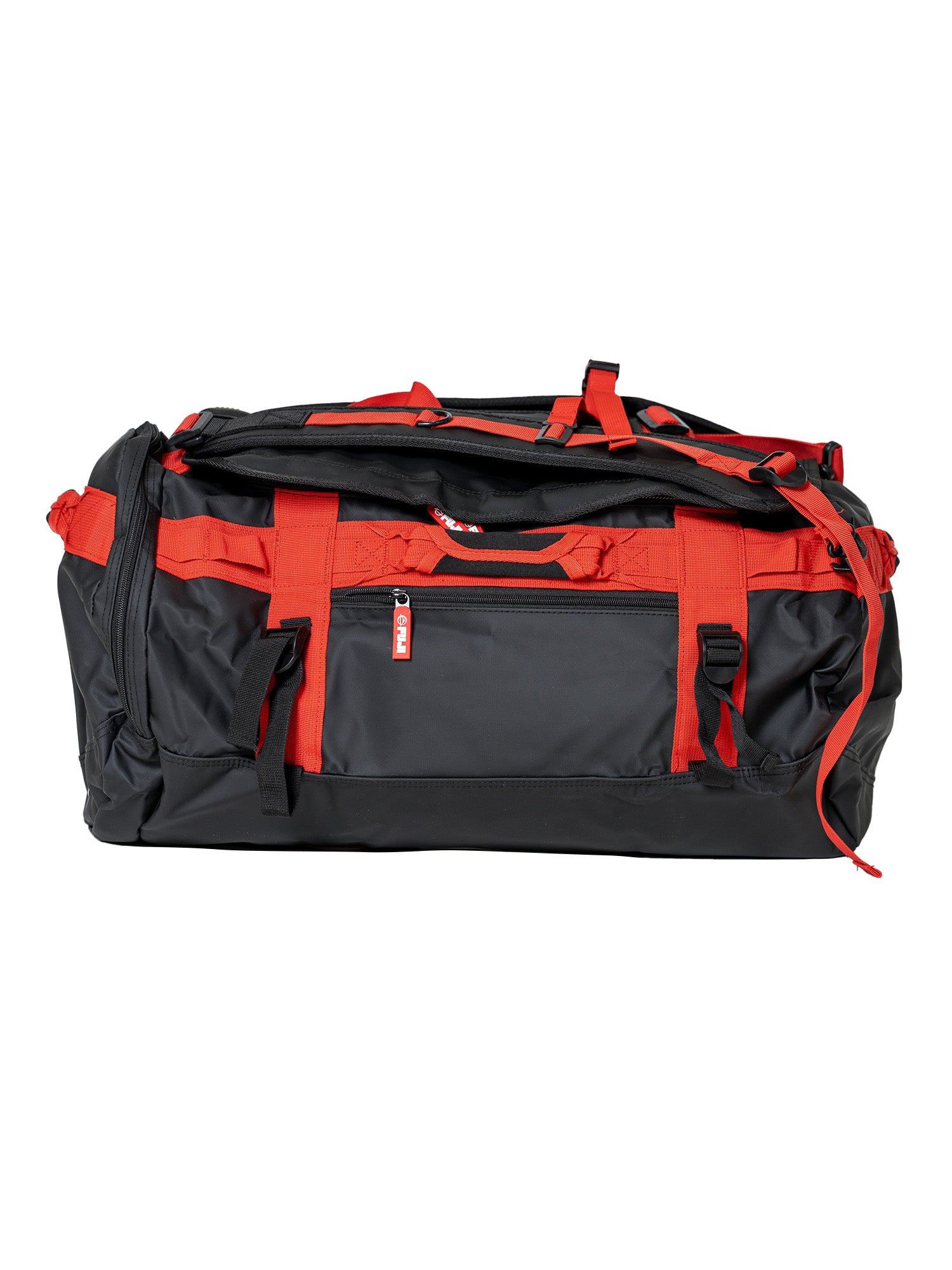 The Comp Duffle Black Red is a spacious duffel bag featuring multiple compartments, zippers, and adjustable straps, displayed on a white background.