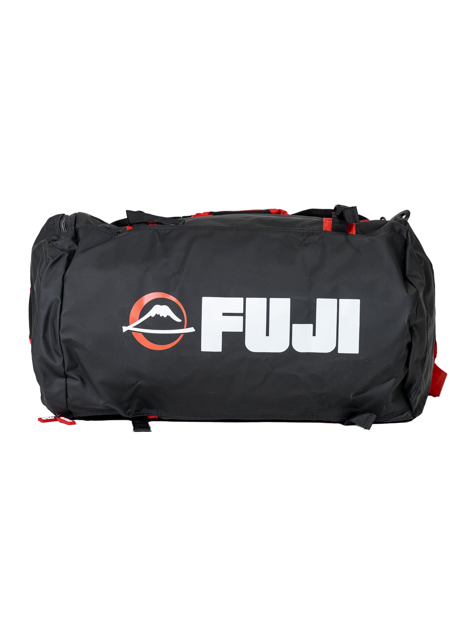 The Comp Duffle Black Red is a black duffel bag with red accents, displaying "FUJI" and a mountain logo in white on the side.