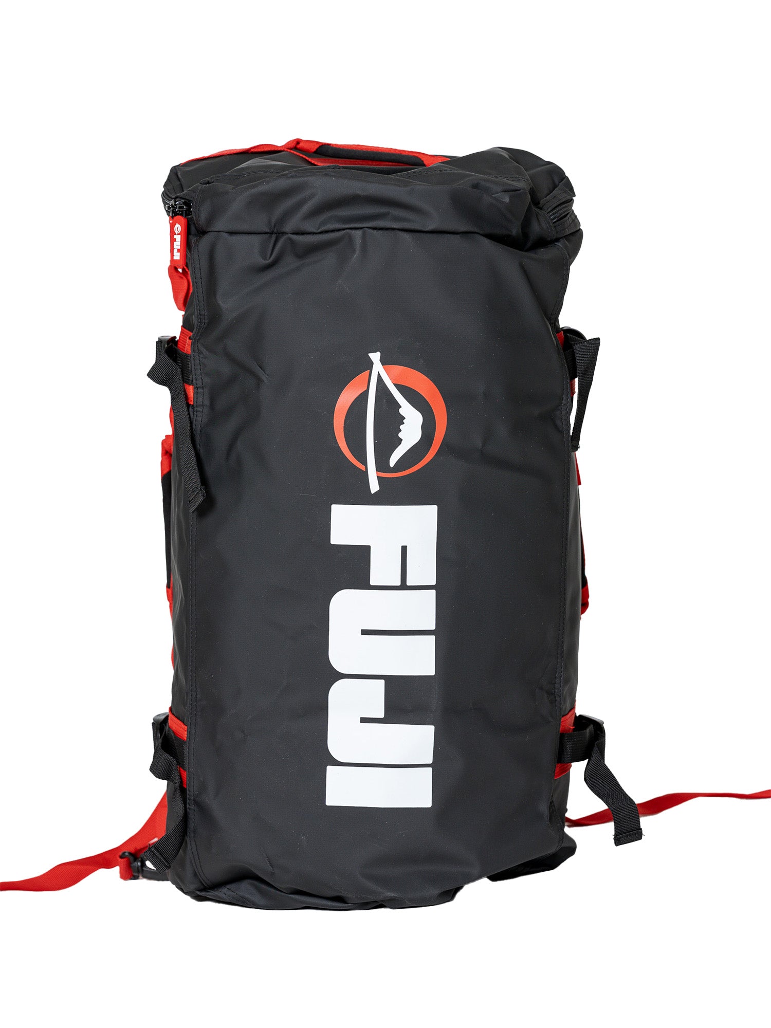 The Comp Duffle Black Red is a black Fuji sports bag with red accents, featuring a large white Fuji logo and mountain graphic on the front. It has several straps and a top handle for easy carrying.
