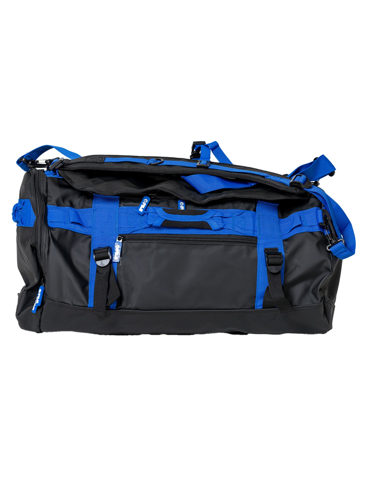 The Comp Duffle Black Blue is a spacious black duffel bag with blue straps and accents, multiple handles, zippers, and a front pocket shown on a white background.