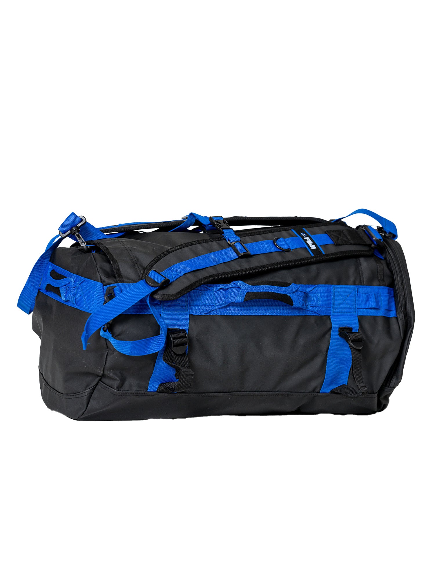 The Comp Duffle Black Blue is a spacious black bag with striking blue straps and handles, featuring multiple buckles and attachment points for versatile carrying, displayed against a white background.