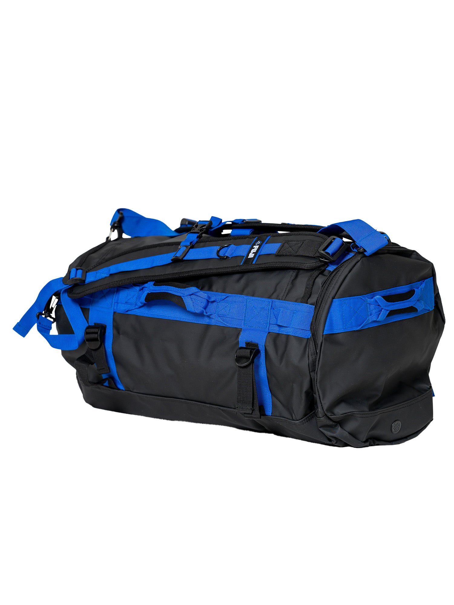 The Comp Duffle Black Blue is a large black duffel bag with bright blue straps and handles, featuring multiple compartments and adjustable straps. It's shown at an angle against a white background.