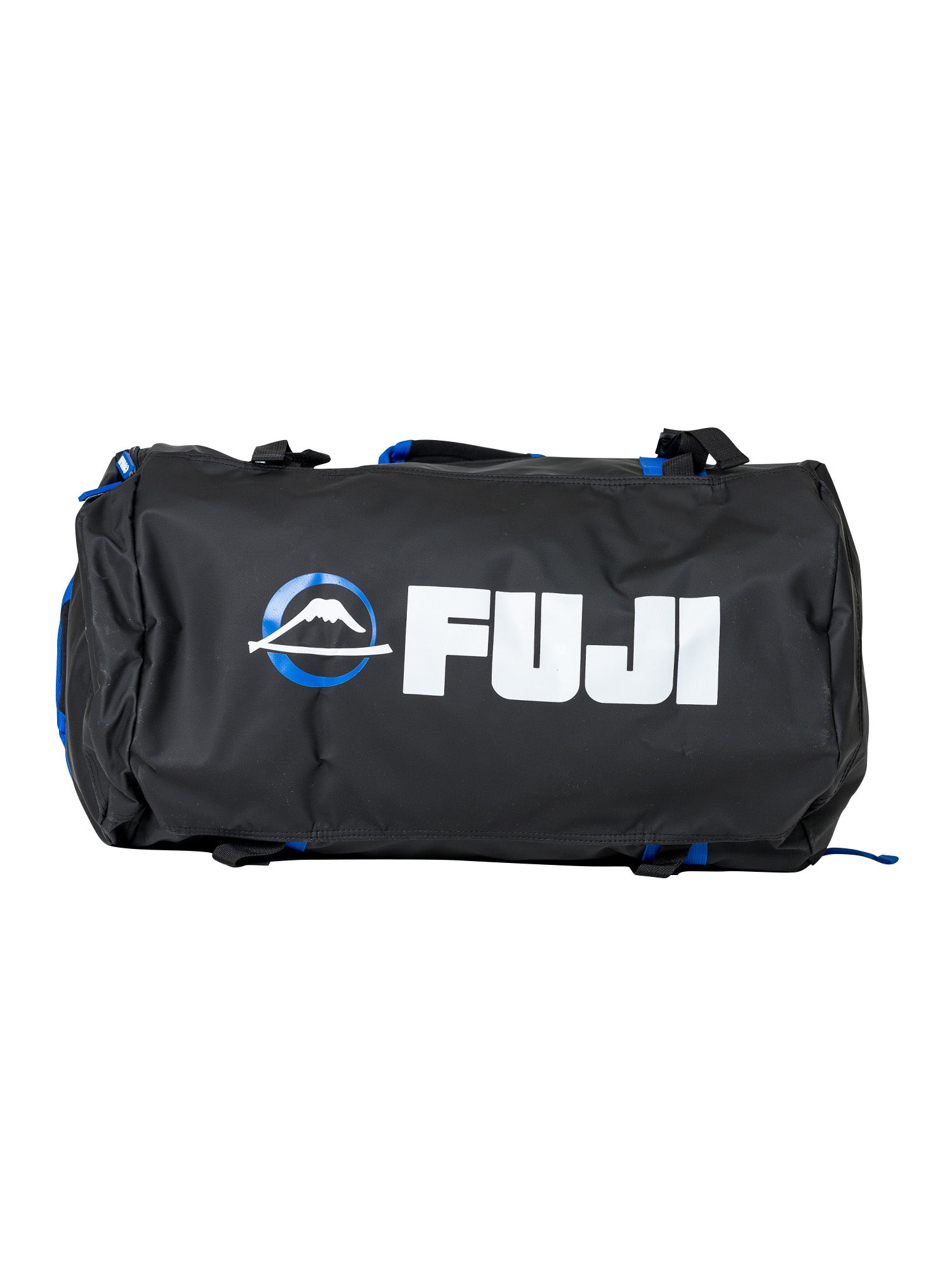 The Comp Duffle Black Blue is a black duffel bag with blue accents, featuring the FUJI logo and a stylized white mountain graphic on the side.