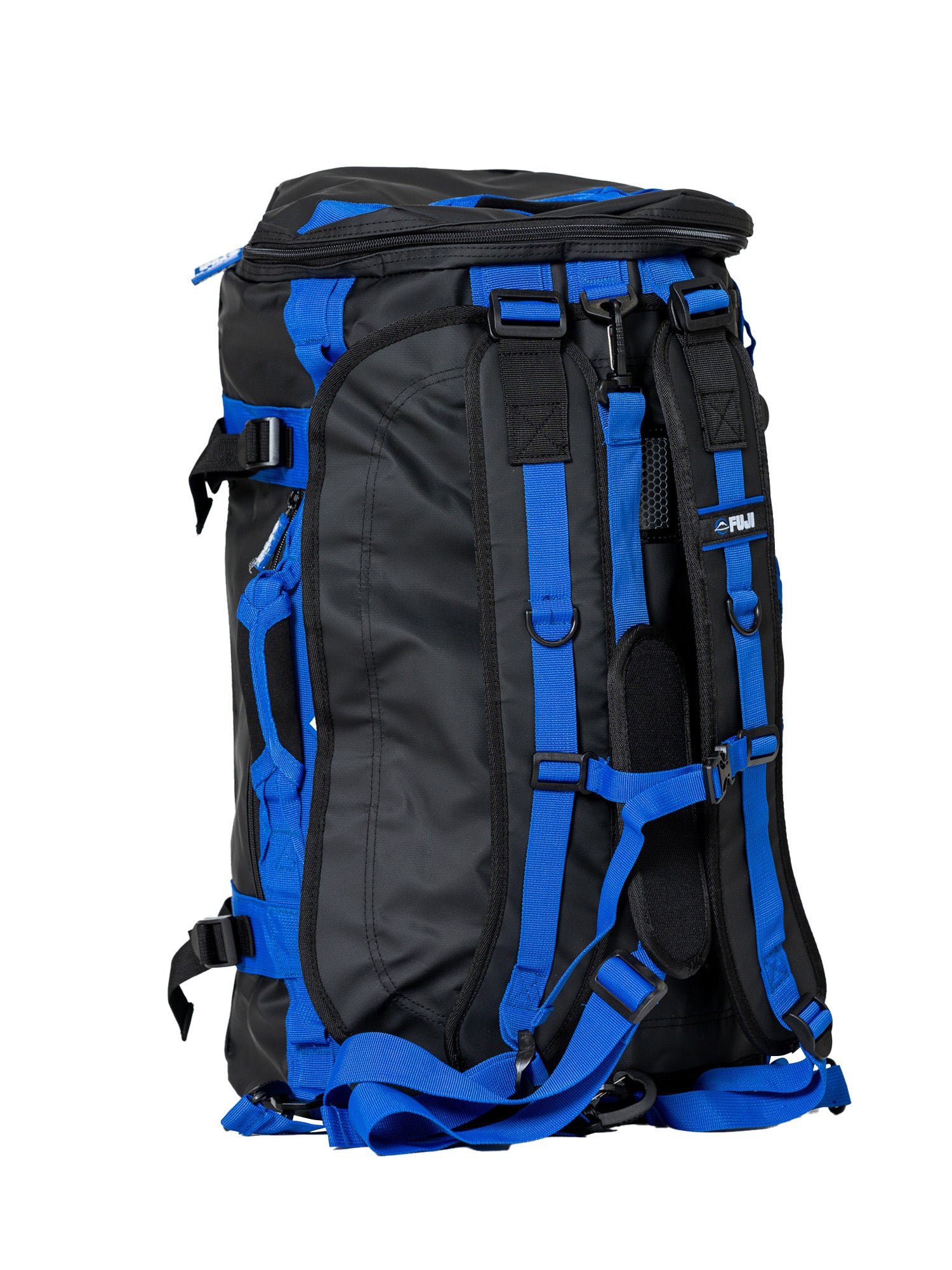 The Comp Duffle Black Blue is a black backpack with bright blue straps and accents, multiple adjustable buckles, padded shoulder straps, and a top handle—perfect for outdoor or travel use.