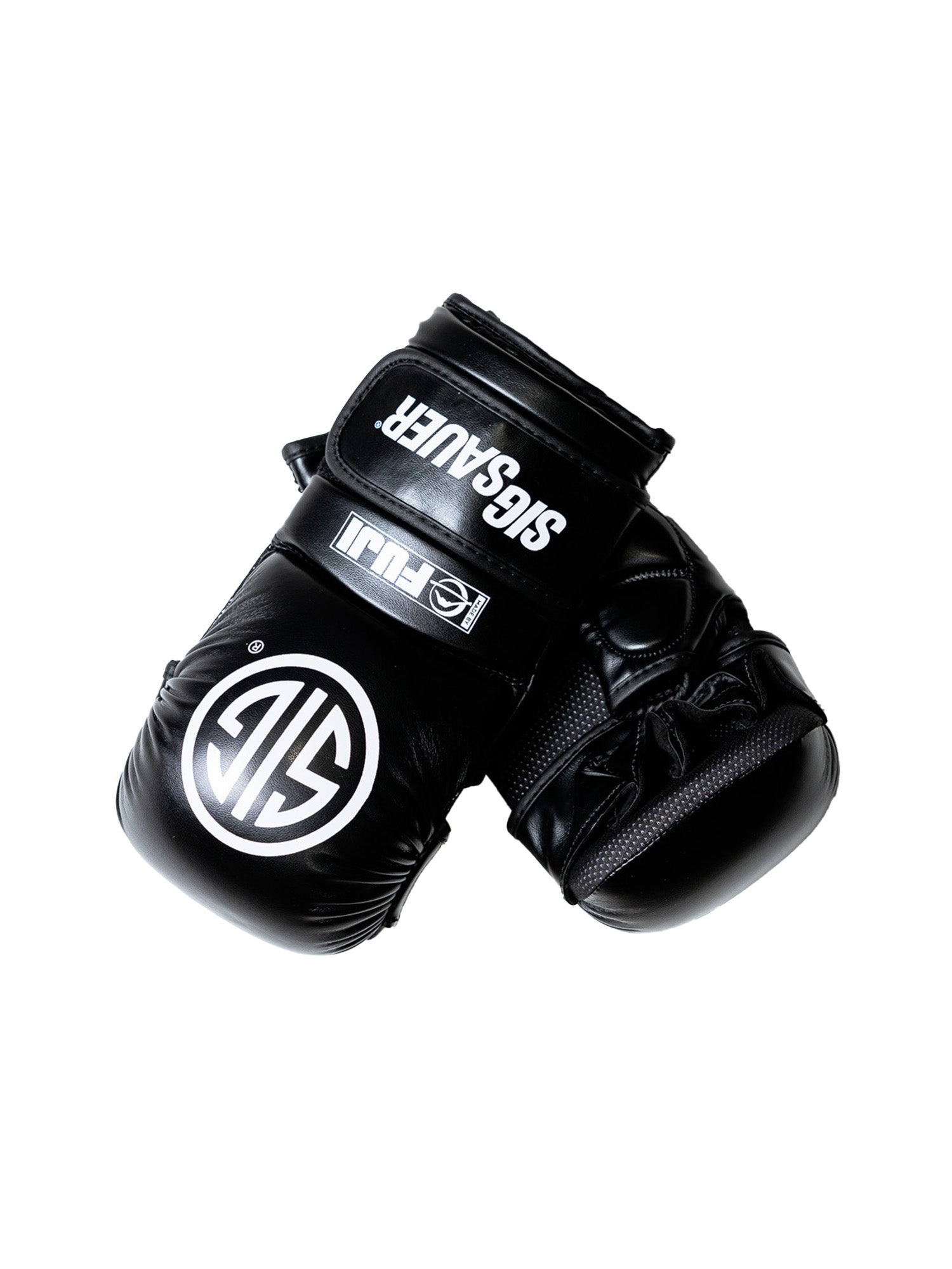 A pair of Sig Sauer Synthetic Precision Boxing Gloves in black with white logos, including SIG SAUER branding, displayed on a white background.