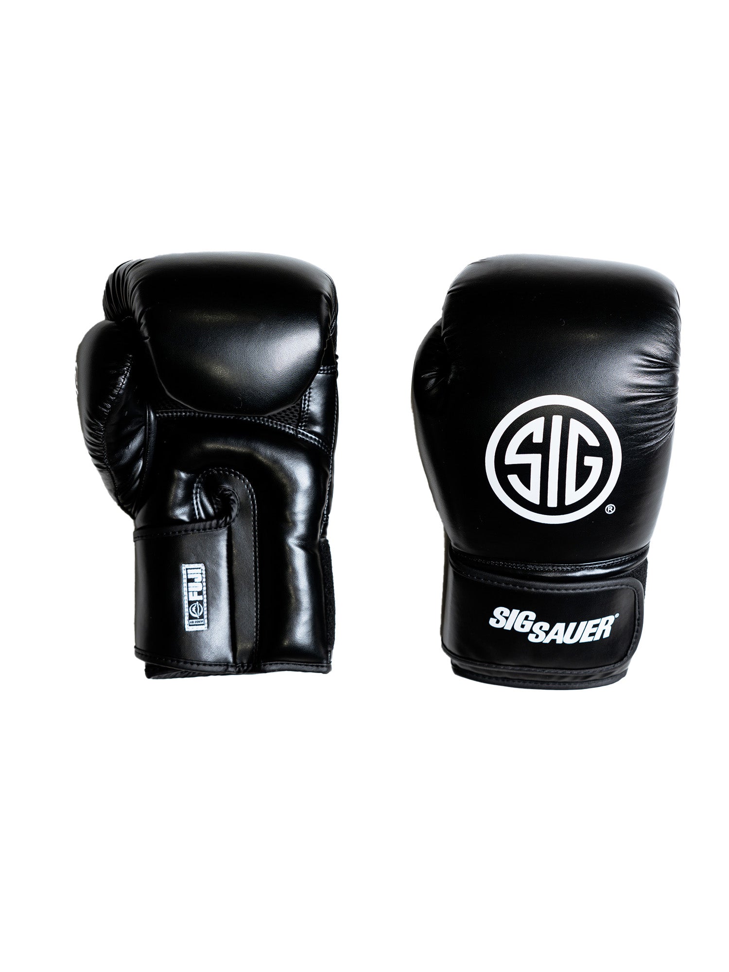 A pair of black Sig Sauer Precision Striking Hybrid MMA Gloves against a white background, one palm side up and the other back side up, both featuring the SIG SAUER logo in white.