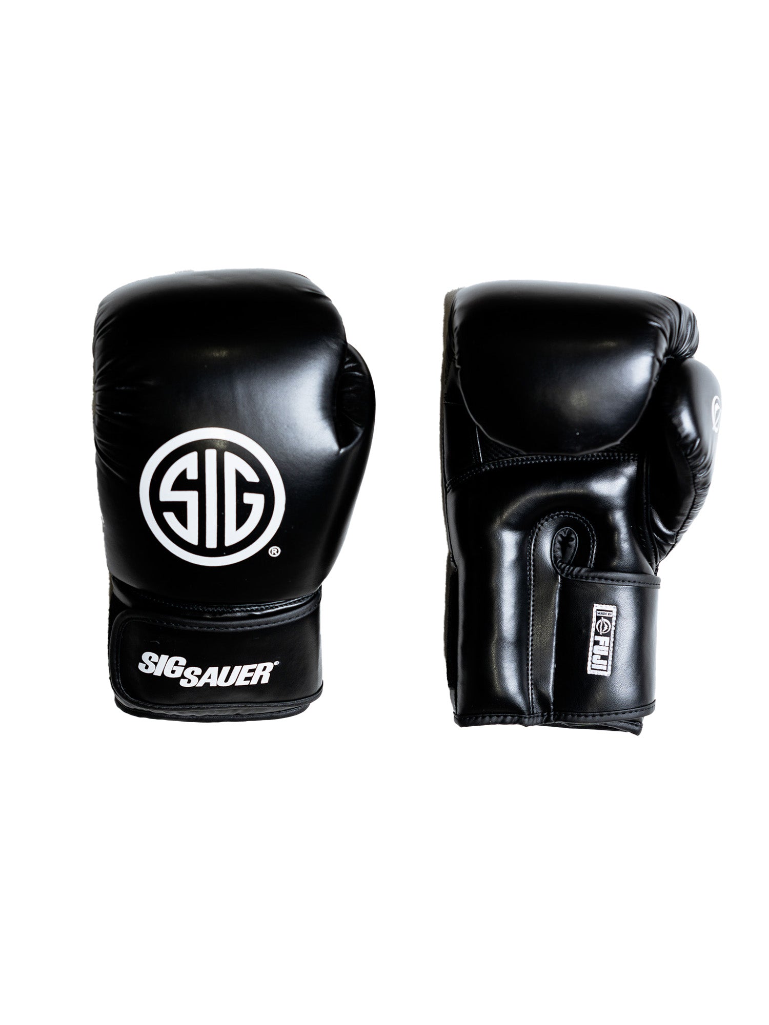 A pair of Sig Sauer Precision Striking Hybrid MMA Gloves in black are displayed side by side on a white background, showing both the front and palm sides.