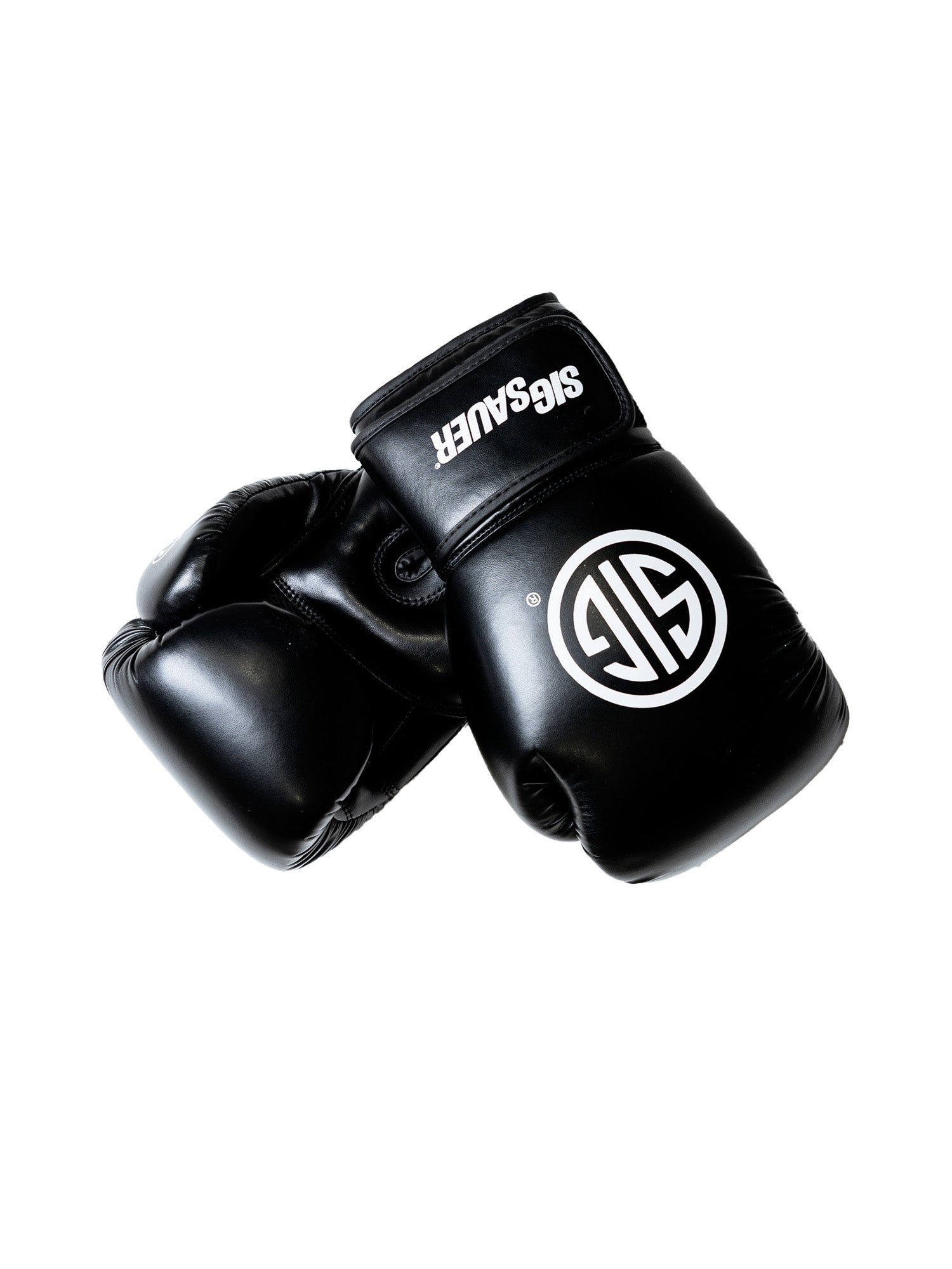 A pair of black Sig Sauer Precision Striking Hybrid MMA Gloves with white SIG SAUER logos, slightly overlapping against a plain white background.