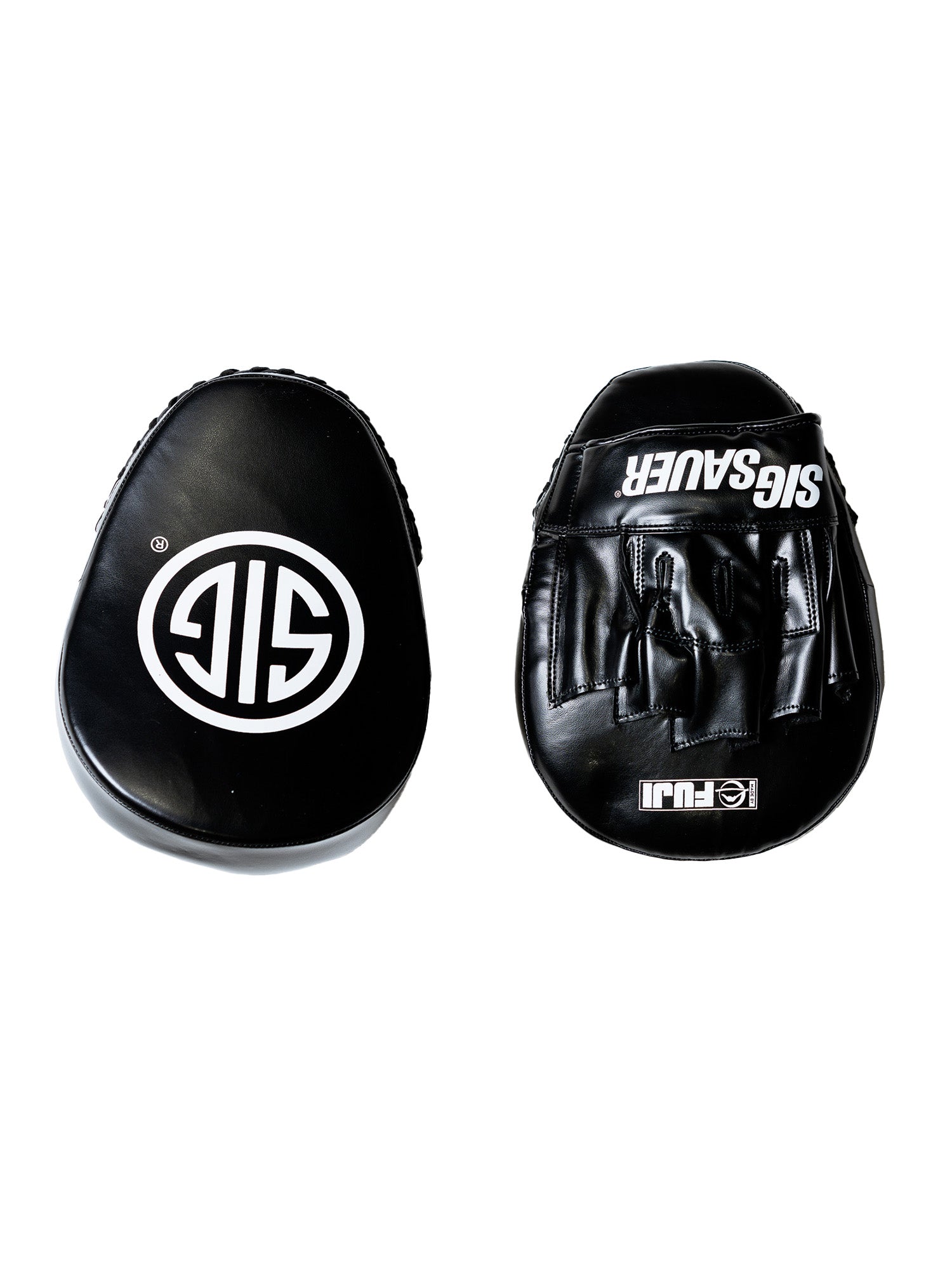 Two black Sig Sauer Focus Mitts are side by side on a white background. The left mitt features the SIG logo, while the right displays SIGSAUER and ELCUI branding with visible finger slots and stitching.