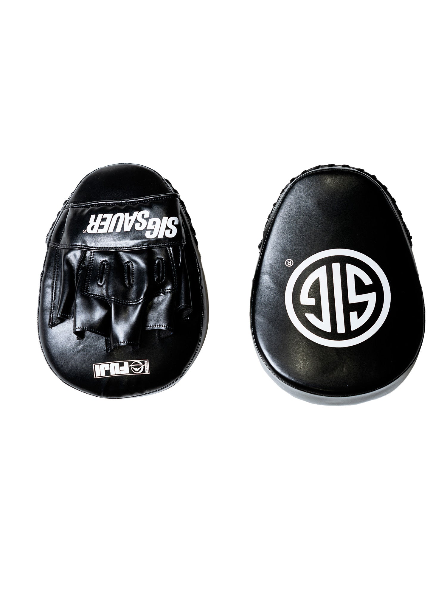 The Sig Sauer Focus Mitts, shown in black against a white background, feature finger slots and the SIG SAUER logo on the left mitt, with a round white logo displayed on the right mitt.