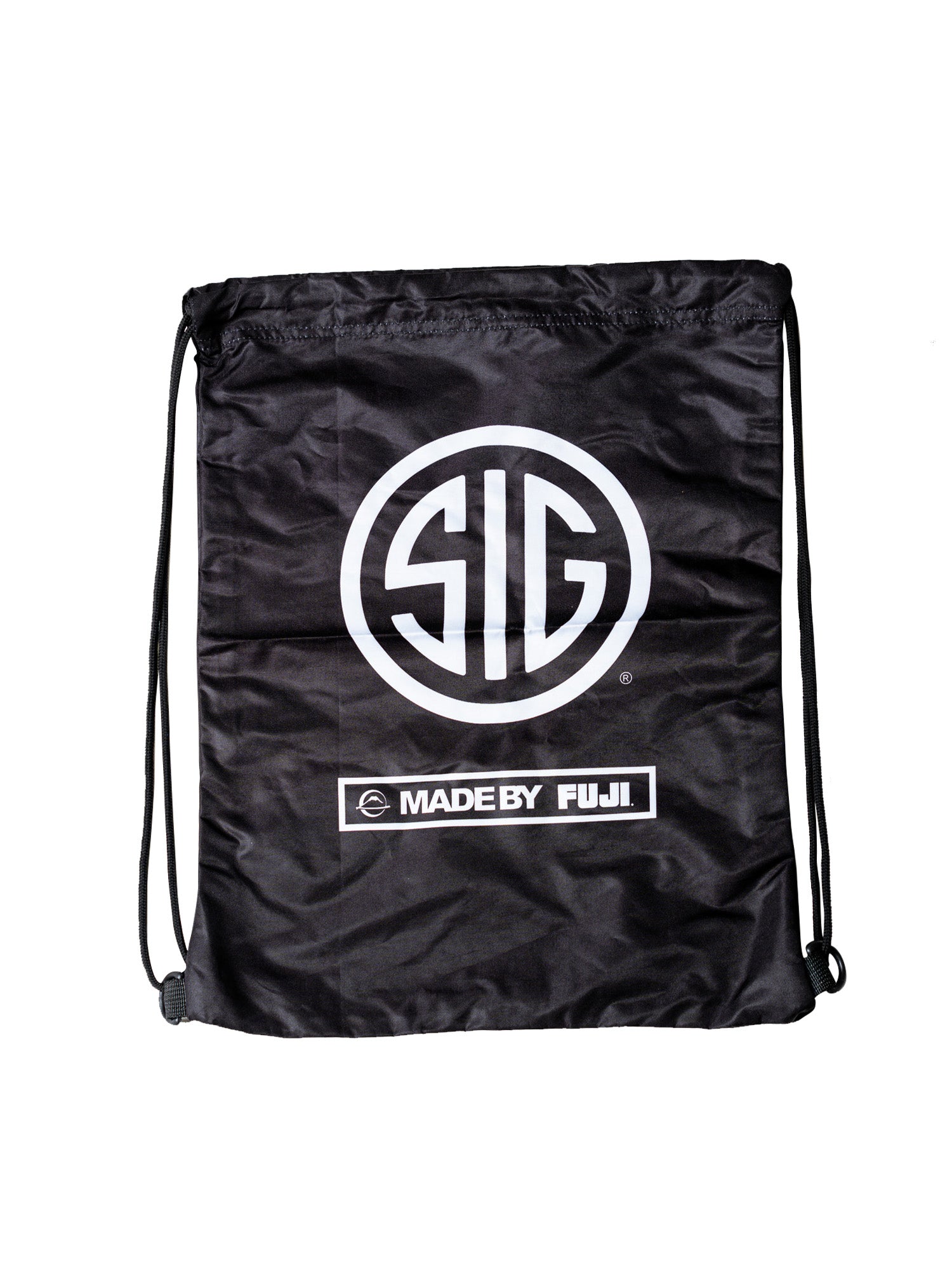 The Sig Sauer Drawstring Bag features a large white SIG logo in a circle, bold white "MADE BY FUJI." text beneath it, and two small icons, all on a black background.