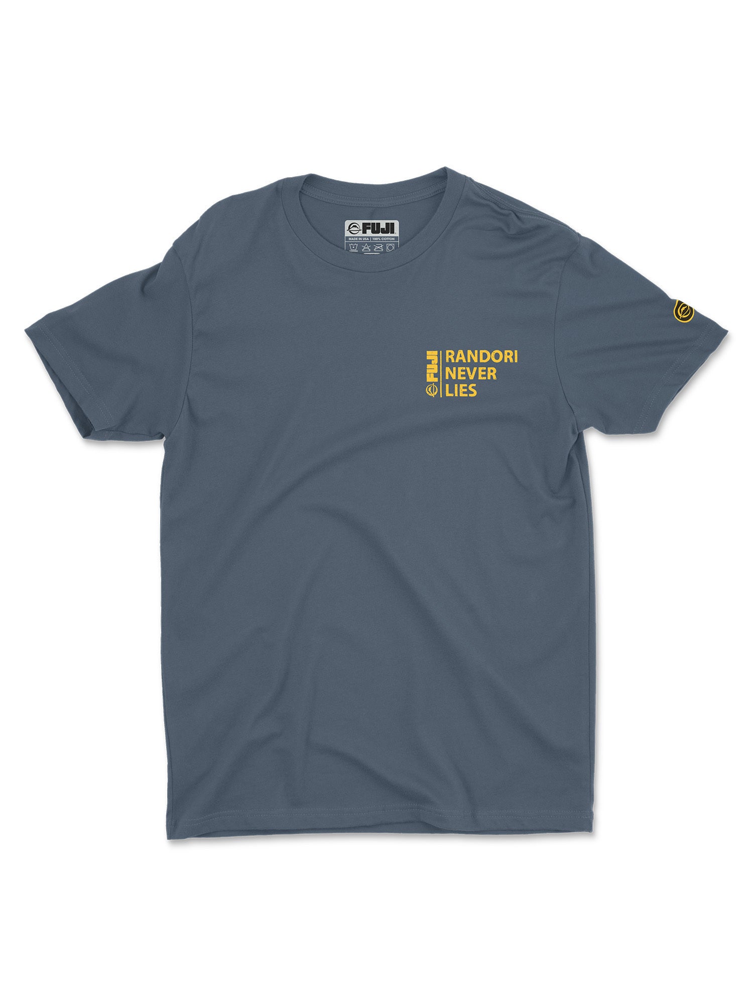 The Randori Never Lies Vintage Shirt Blue is a short-sleeve t-shirt featuring yellow text on the chest that reads “RANDORI NEVER LIES” along with a vertical FUJI logo. A small yellow emblem appears on the left sleeve near the shoulder.