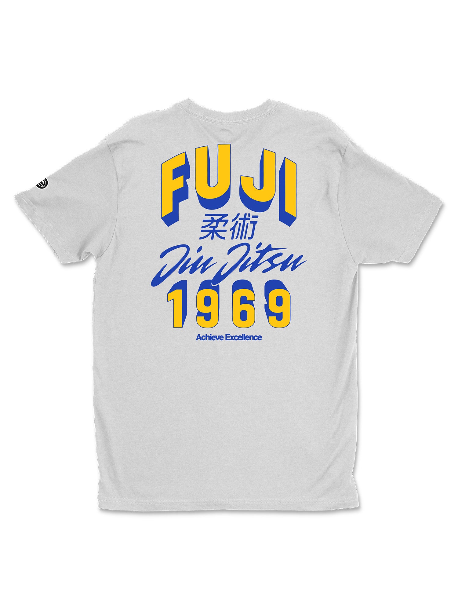 Back of the FUJI Varsity 1969 Shirt Heather Grey features bold yellow and blue "FUJI" text, Japanese characters, "Jiu Jitsu," and "1969." "Achieve Excellence" appears in small print near the bottom.