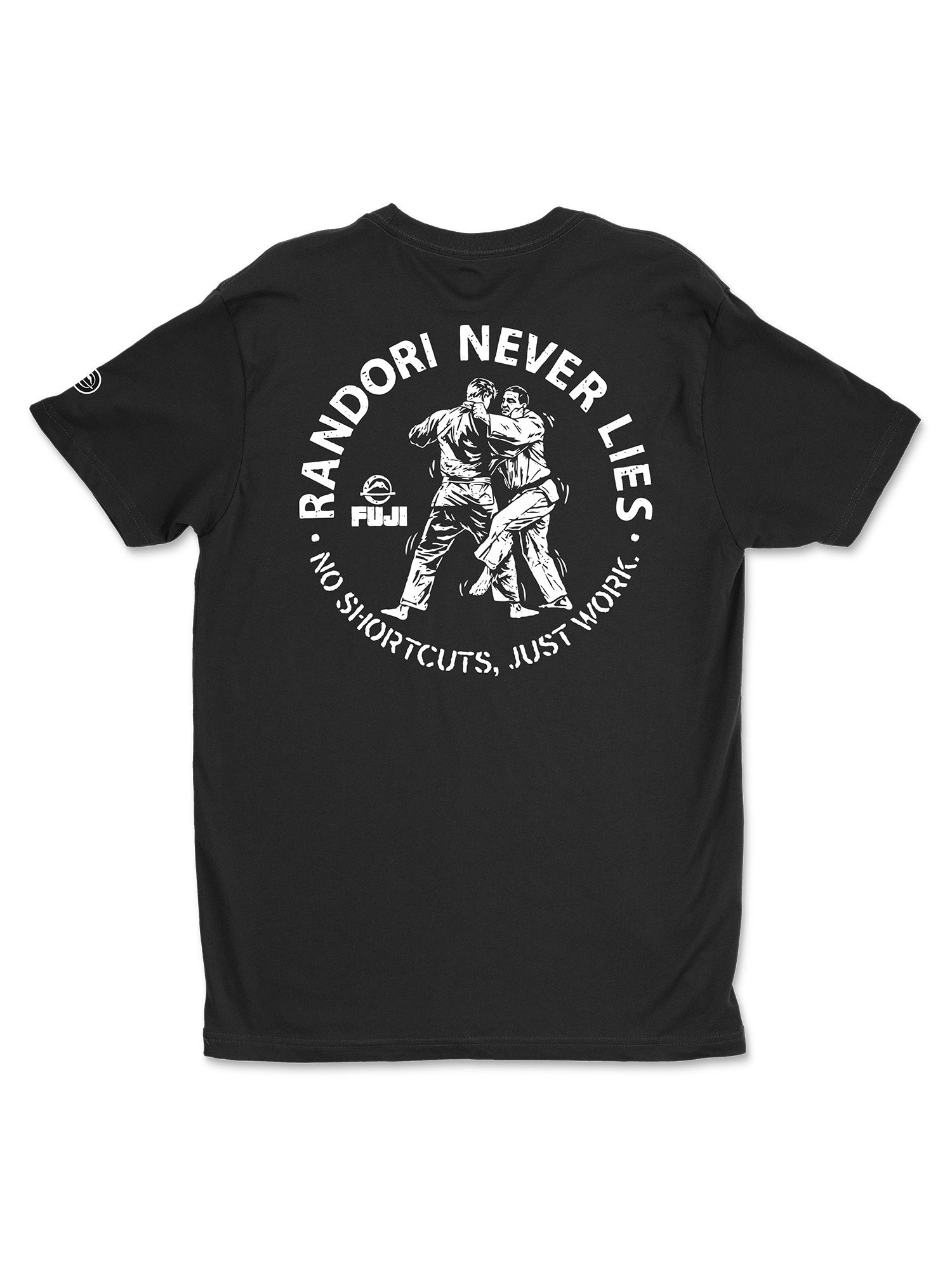 Sure! Here’s a rewritten version of the sentence using the product data: The Randori Never Lies Vintage Shirt Black features a graphic of two people grappling, the phrase “RANDORI NEVER LIES. NO SHORTCUTS, JUST WORK.”, and a small Fuji logo beneath the design.
