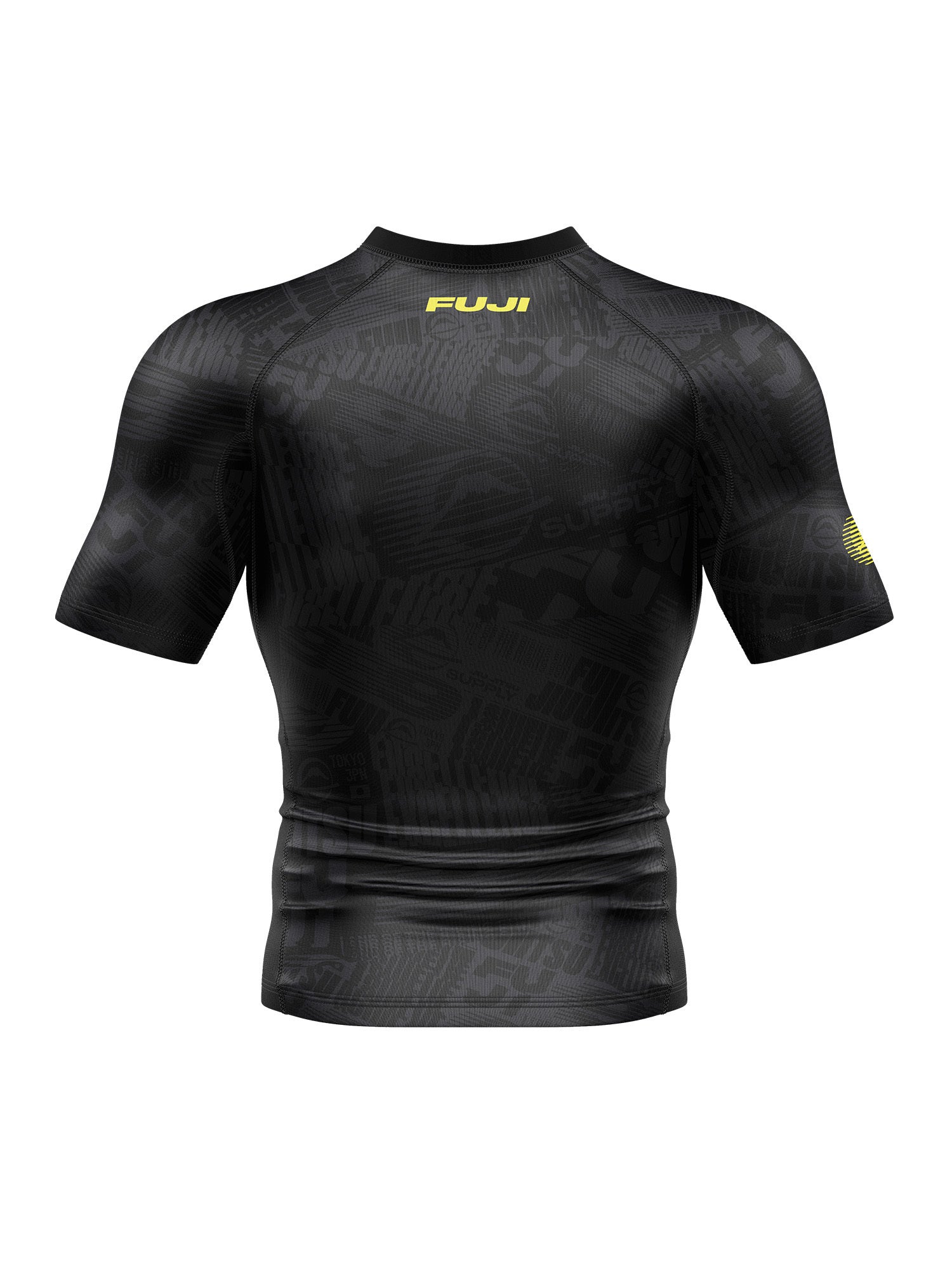 The Jiu jitsu Supply Flex Lite Rashguard Black is a black short-sleeve athletic rashguard with a subtle pattern and yellow FUJI logos on the neck and left sleeve, displayed from the back on a white background.