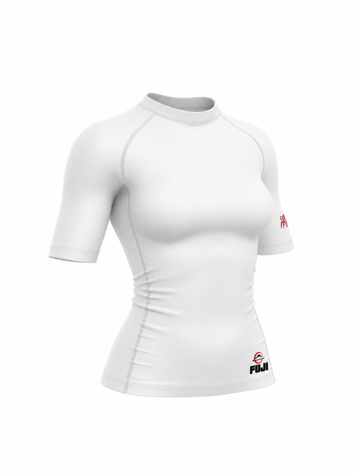 Womens USA Judo Rashguard in white, featuring short sleeves, a small red logo on the left arm, and a black and red logo on the lower front.