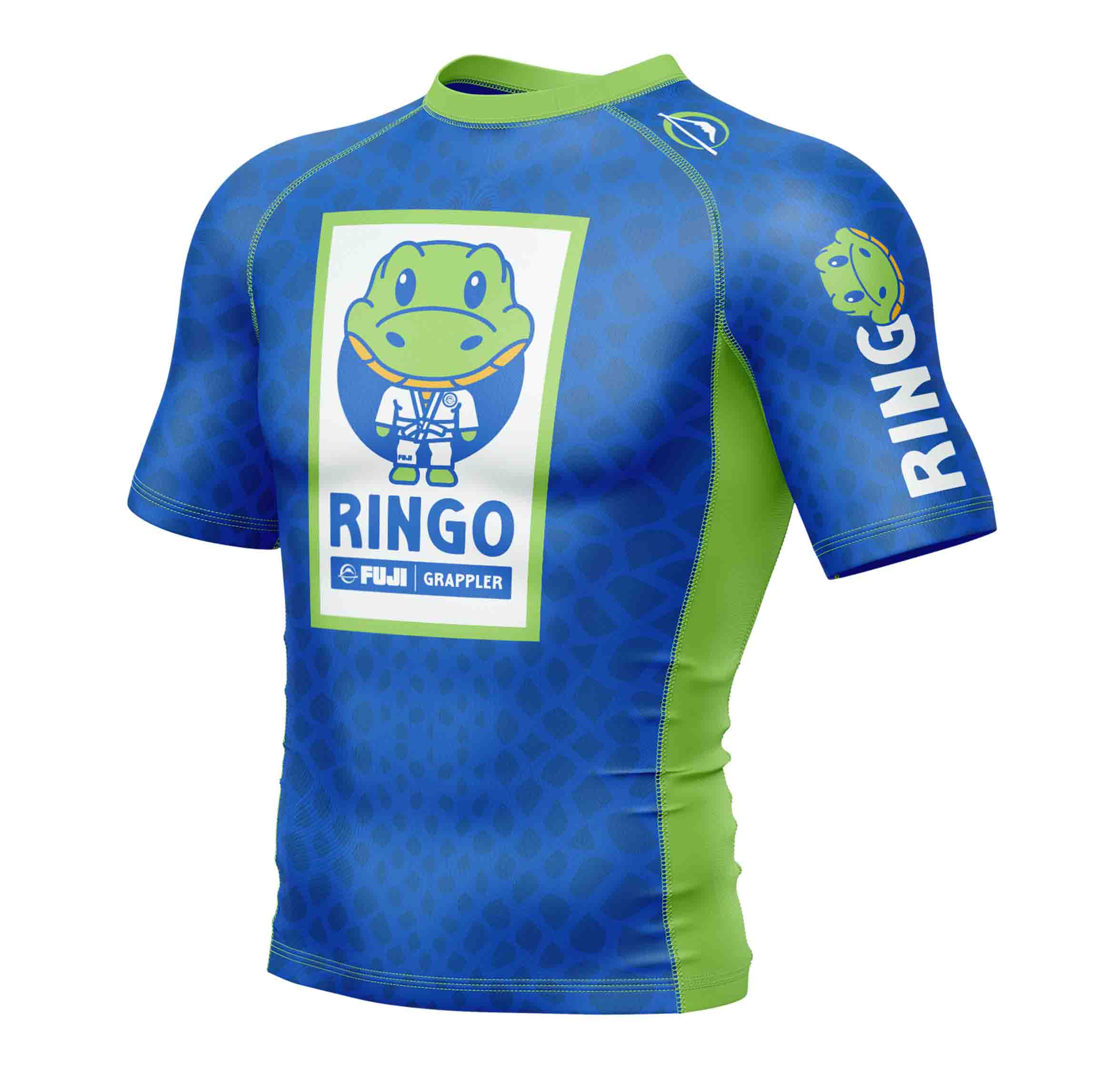 The Ringo Rashguard Blue/Green is a short-sleeve athletic shirt with blue and green colors, a cartoon alligator in a gi labeled RINGO, patterned background, and branded chest and sleeve.