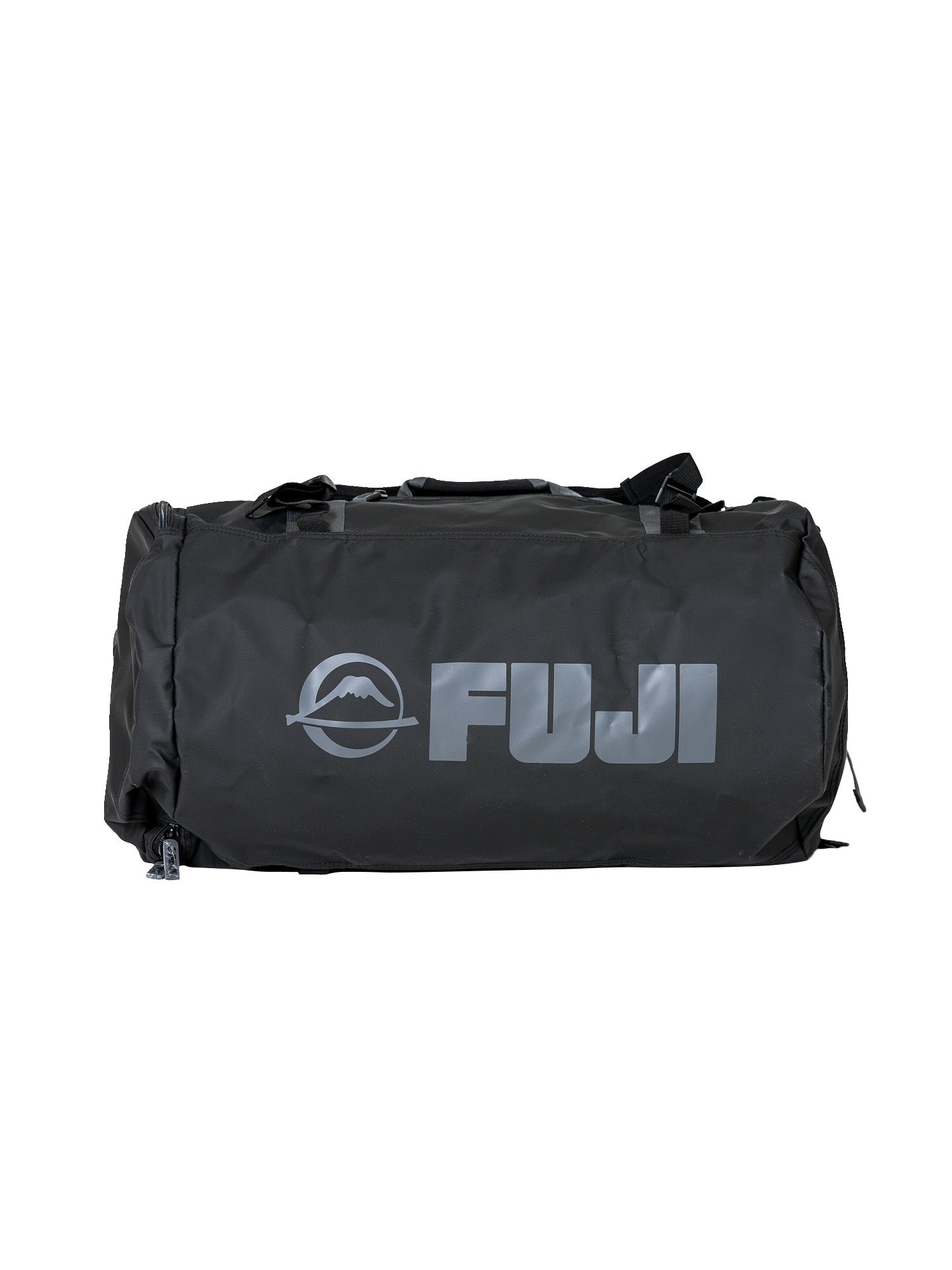 The Comp Duffle Black Grey is a black duffel bag with handles, featuring "FUJI" in large gray letters and a mountain logo on the front.