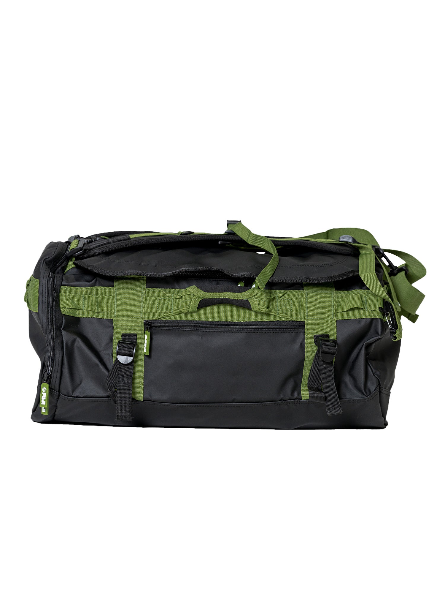 The Comp Duffle Black Green is a spacious black duffel bag with green straps and handles, multiple zippered compartments, and buckles, shown against a white background.