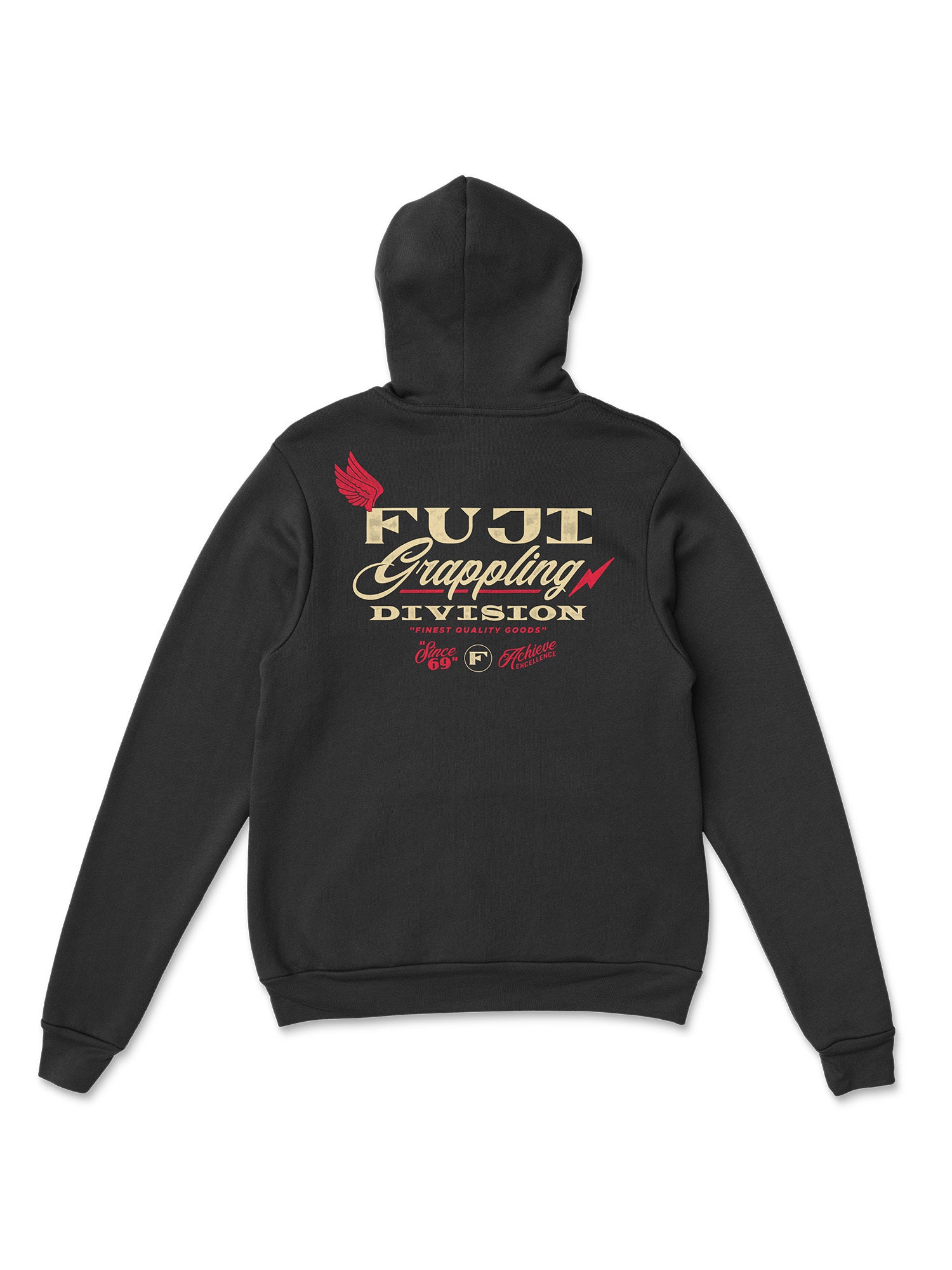 The Grappling Division Hoodie Black features a black hooded design with “FUJI Grappling Division” and red vintage-style graphics, including bold text and a small eagle illustration on the back.