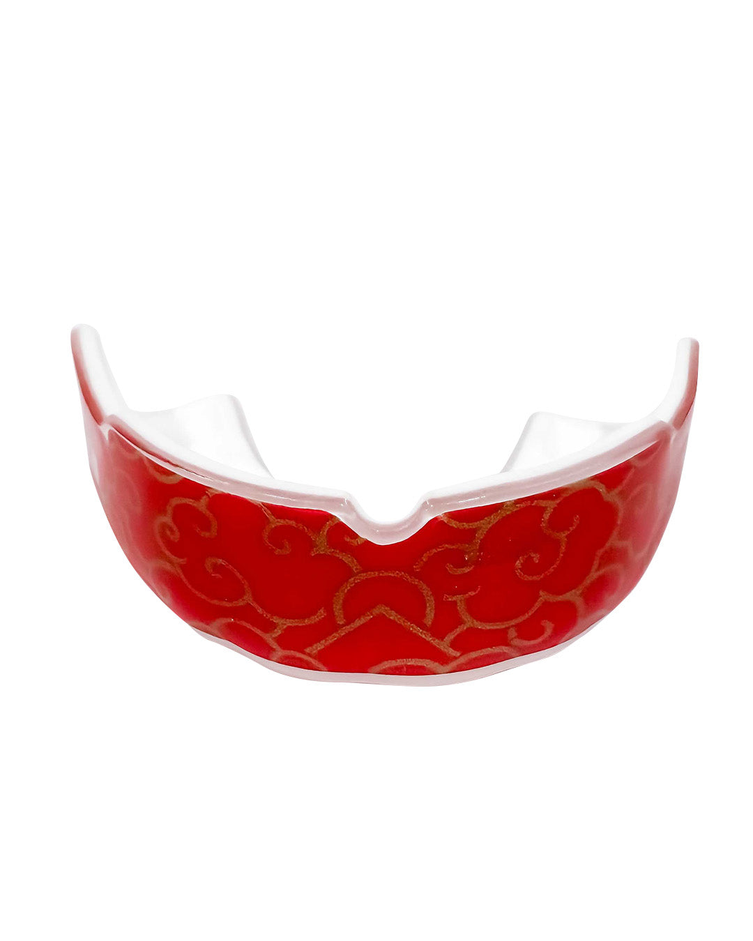 The FUJI Quick Fit Mouth Guard with case in Red Gold Cloud features gold cloud-like patterns on red and a white interior, shown from the front against a plain white background.