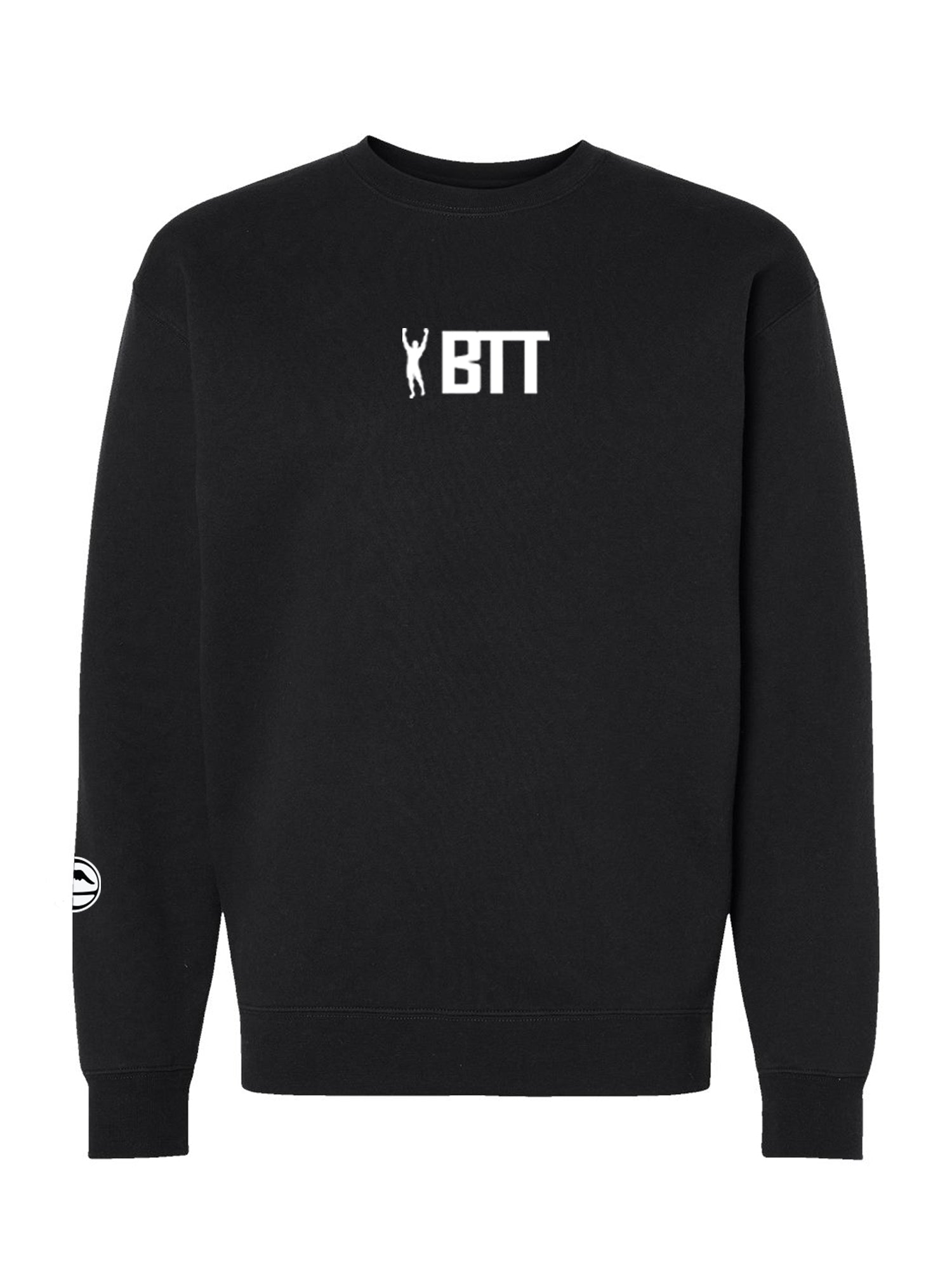 The BTT Essential Crewneck Black is a black sweatshirt with a small white BITT logo and raised arms silhouette on the chest, plus a circular emblem on the left sleeve.