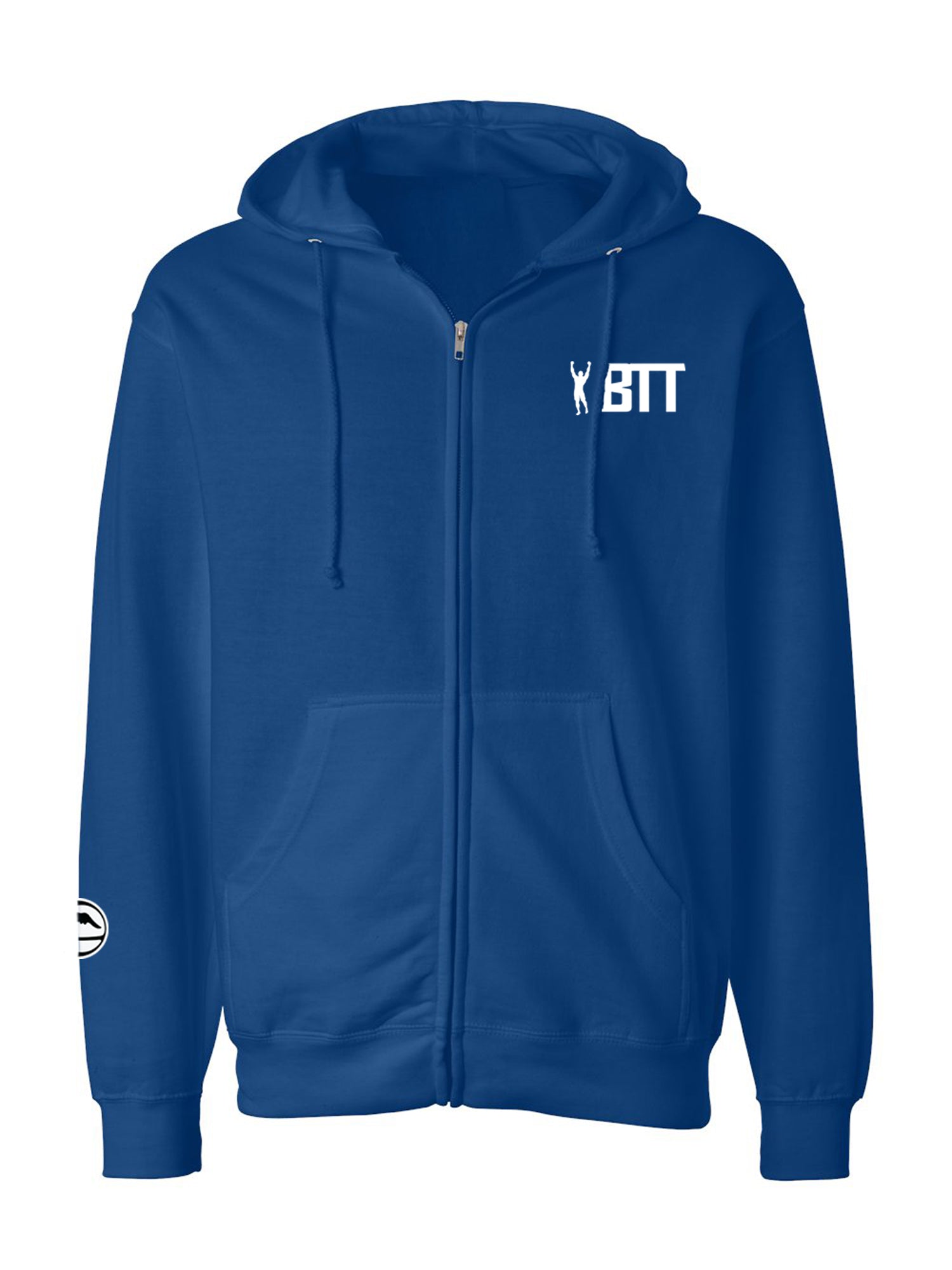 The BTT Essential Zip-Up Royal Blue hoodie features a zip-up front, two front pockets, drawstring hood, white BTT logo and small figure on the left chest, and a white circular design on the left sleeve.