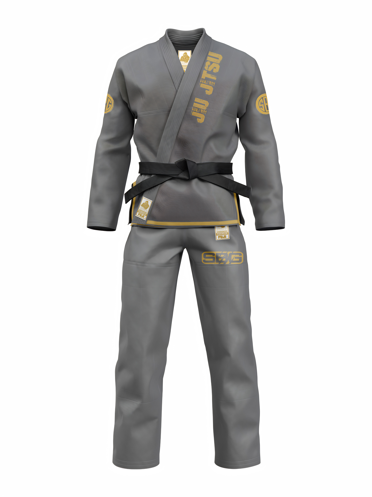 The Womens SBG DRM Suparaito BJJ GI Gray, featuring gold logos on the jacket and pants and paired with a black belt, is displayed against a plain white background.