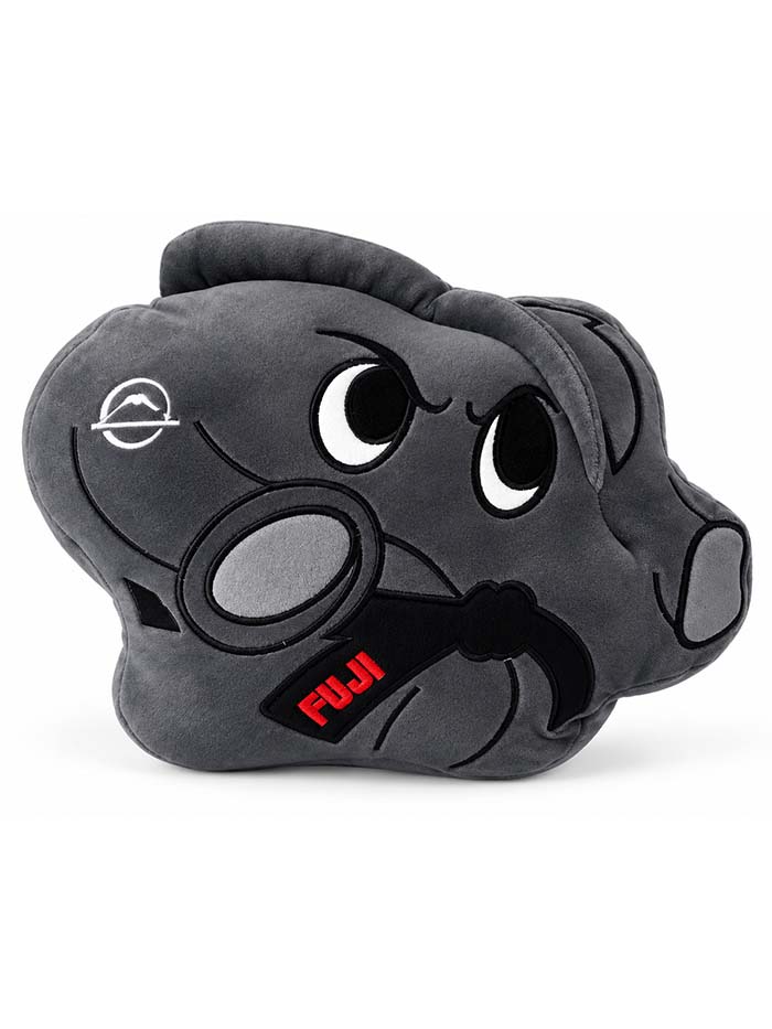 Pochi Piro Pillow Black plush gray pillow shaped like a cartoon rock wearing a black martial arts belt.