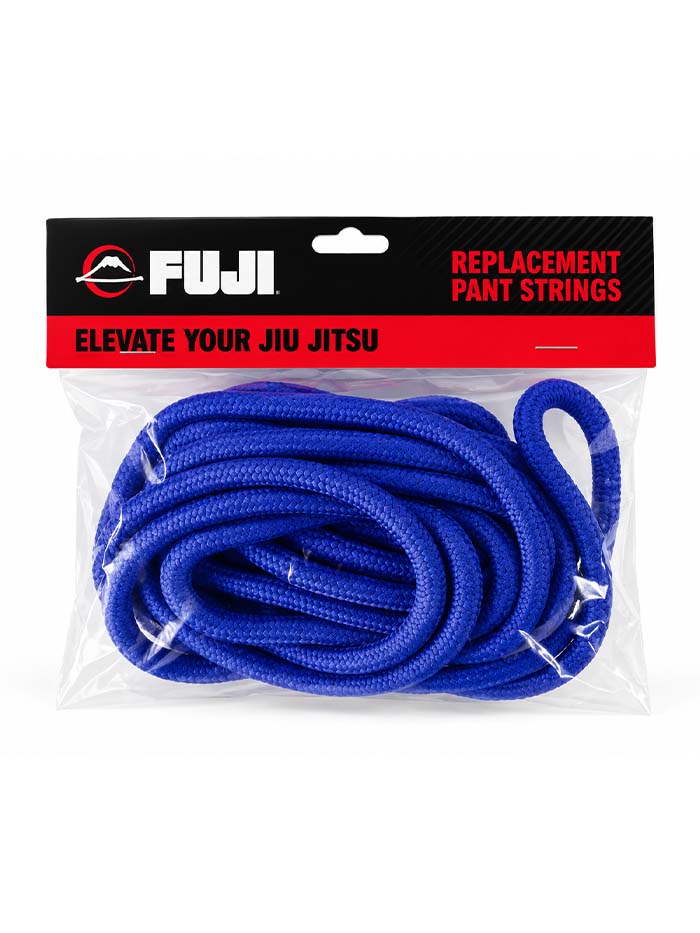 A coil of blue Jiu Jitsu Replacement Pants String in a plastic bag with a product header card.